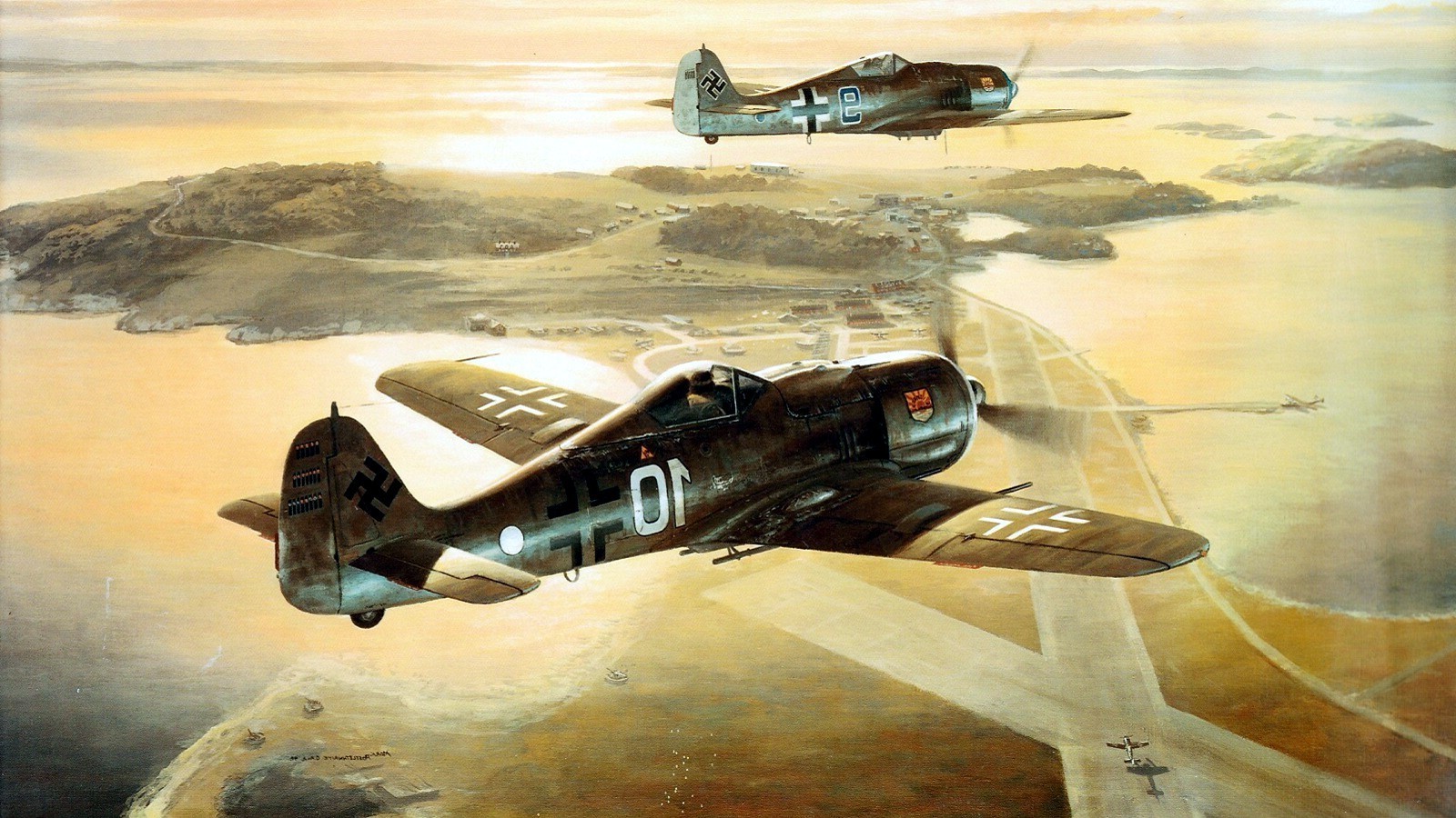 World War II Focke Wulf Fw 190 aircraft flying over coast HD Wallpaper