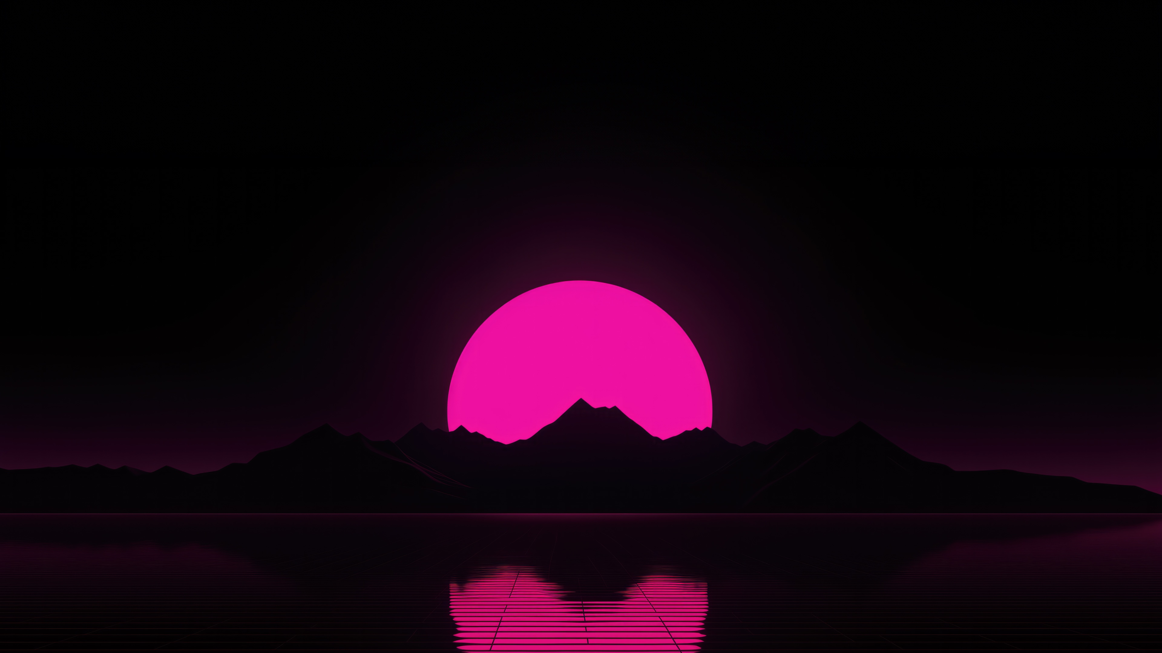 Synthwave Sun Over Mountains and Water HD Wallpaper