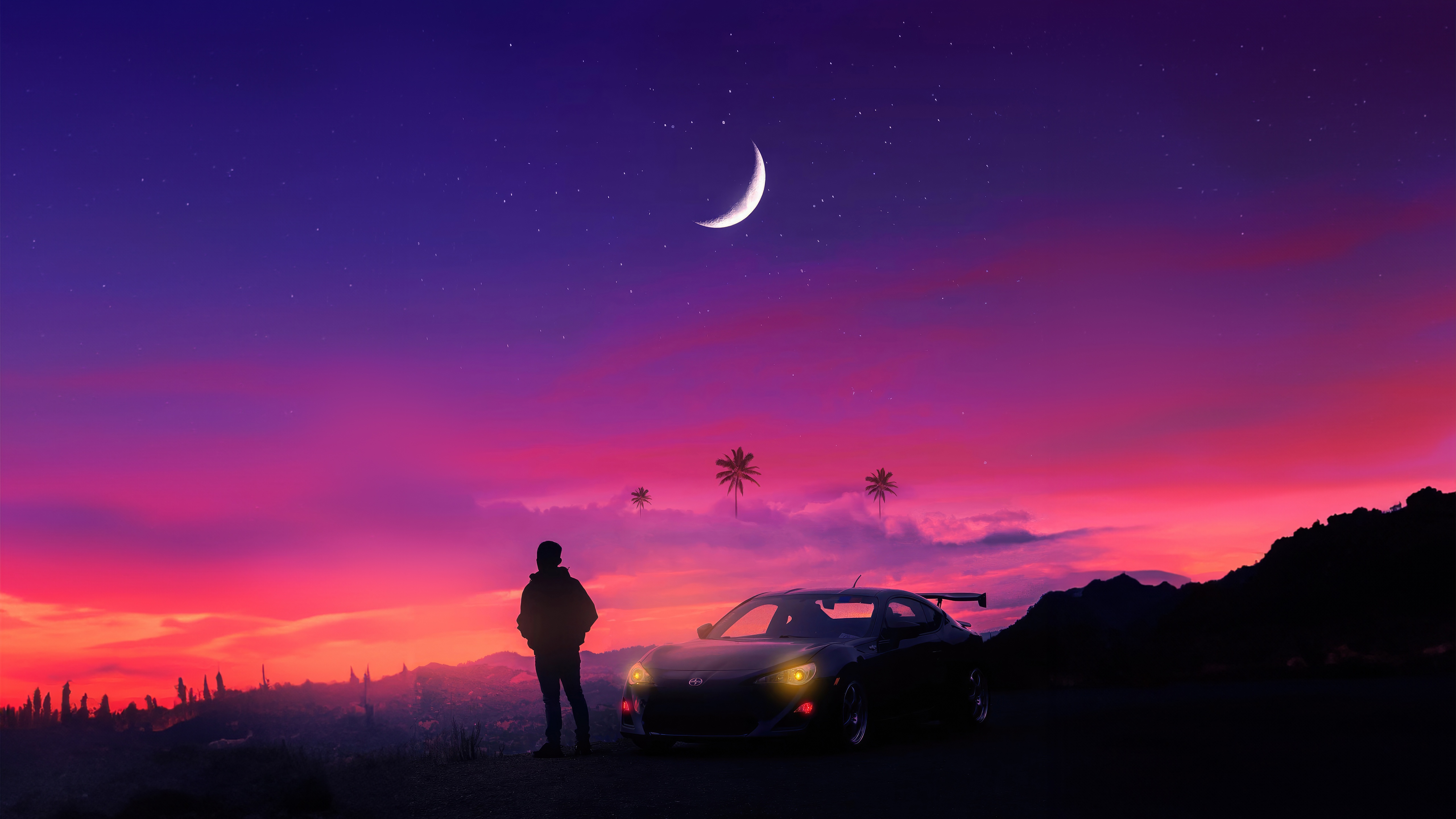 Man and car under a crescent moon sky HD Wallpaper