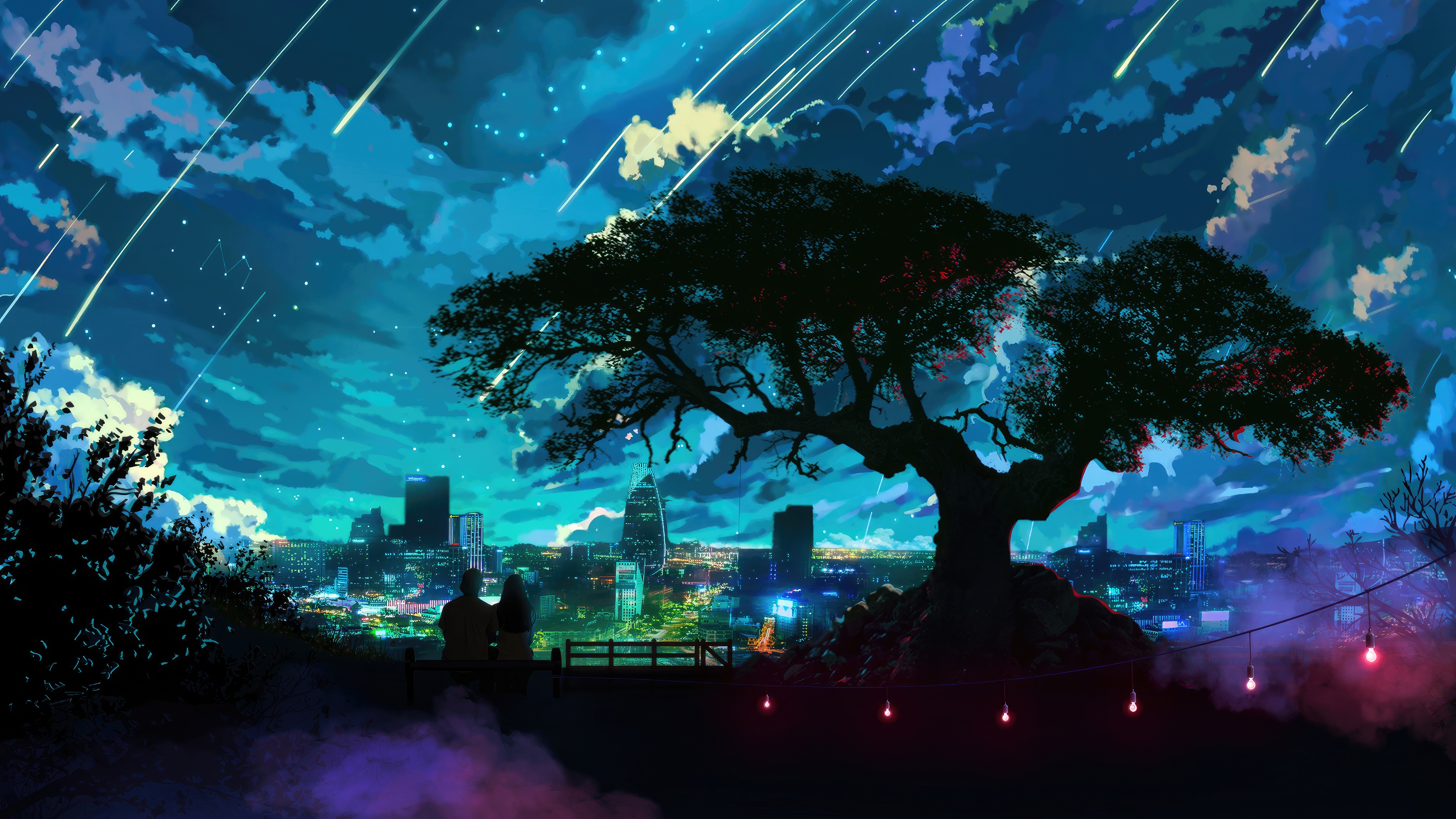 Couple watching shooting stars over a city at night HD Wallpaper