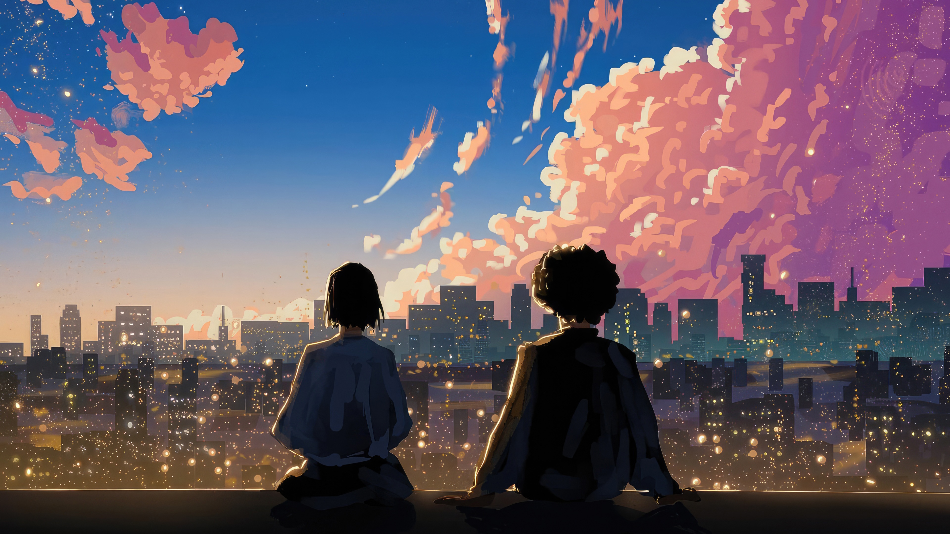 Two people watching city lights at sunset HD Wallpaper