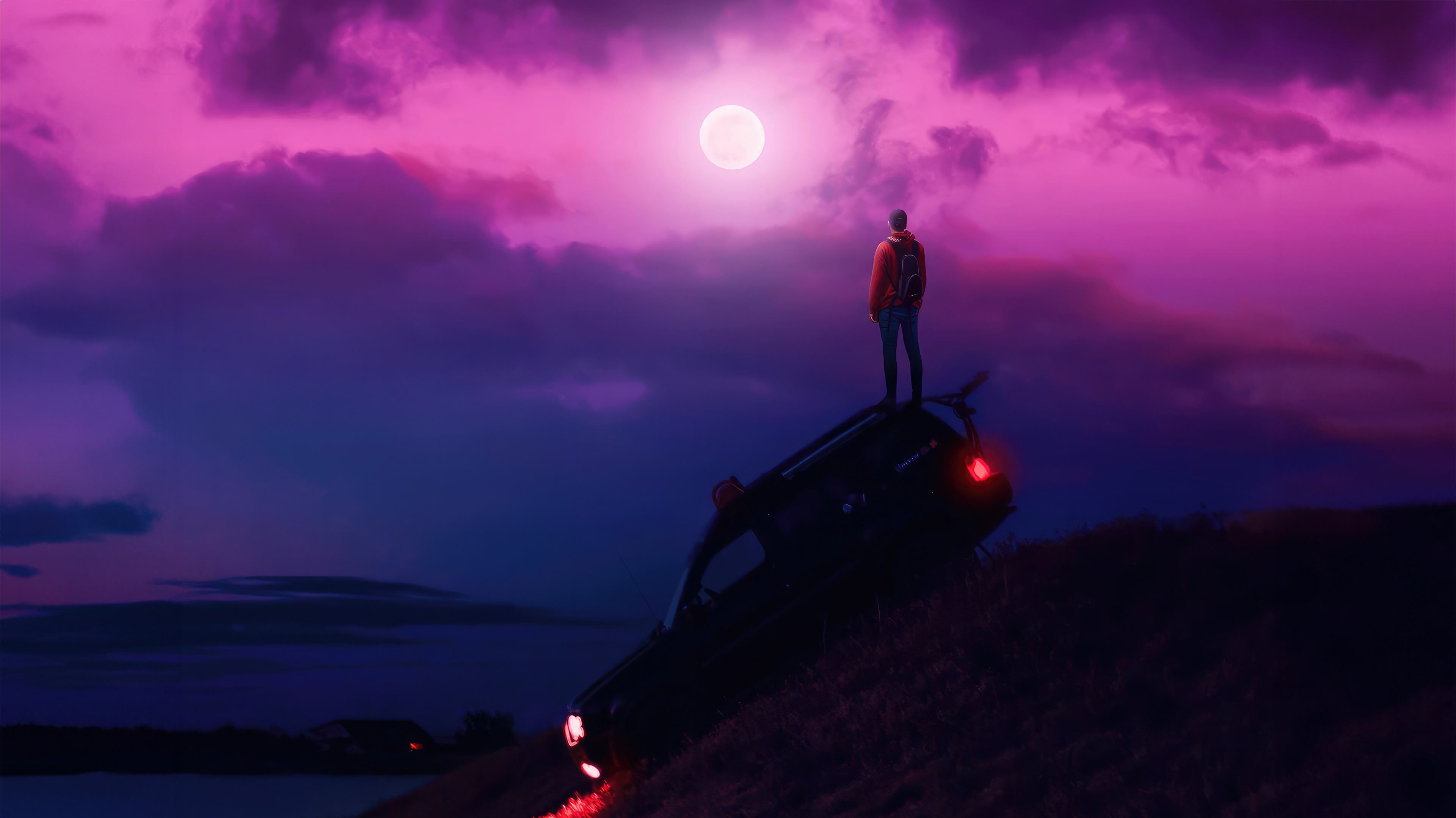 Man Standing on Car Under Pink Moon HD Wallpaper