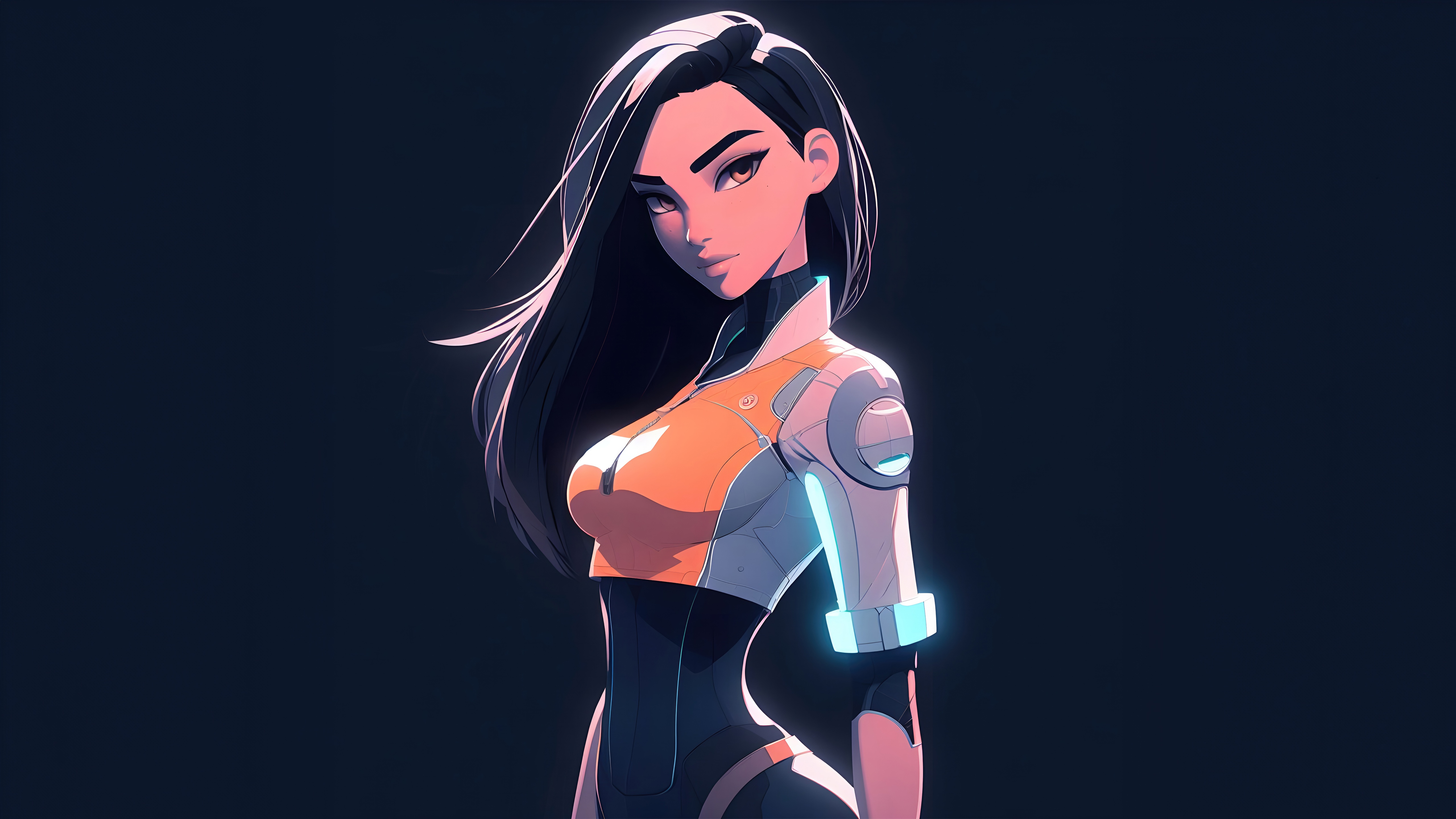 Anime cyborg girl with black hair and orange suit HD Wallpaper