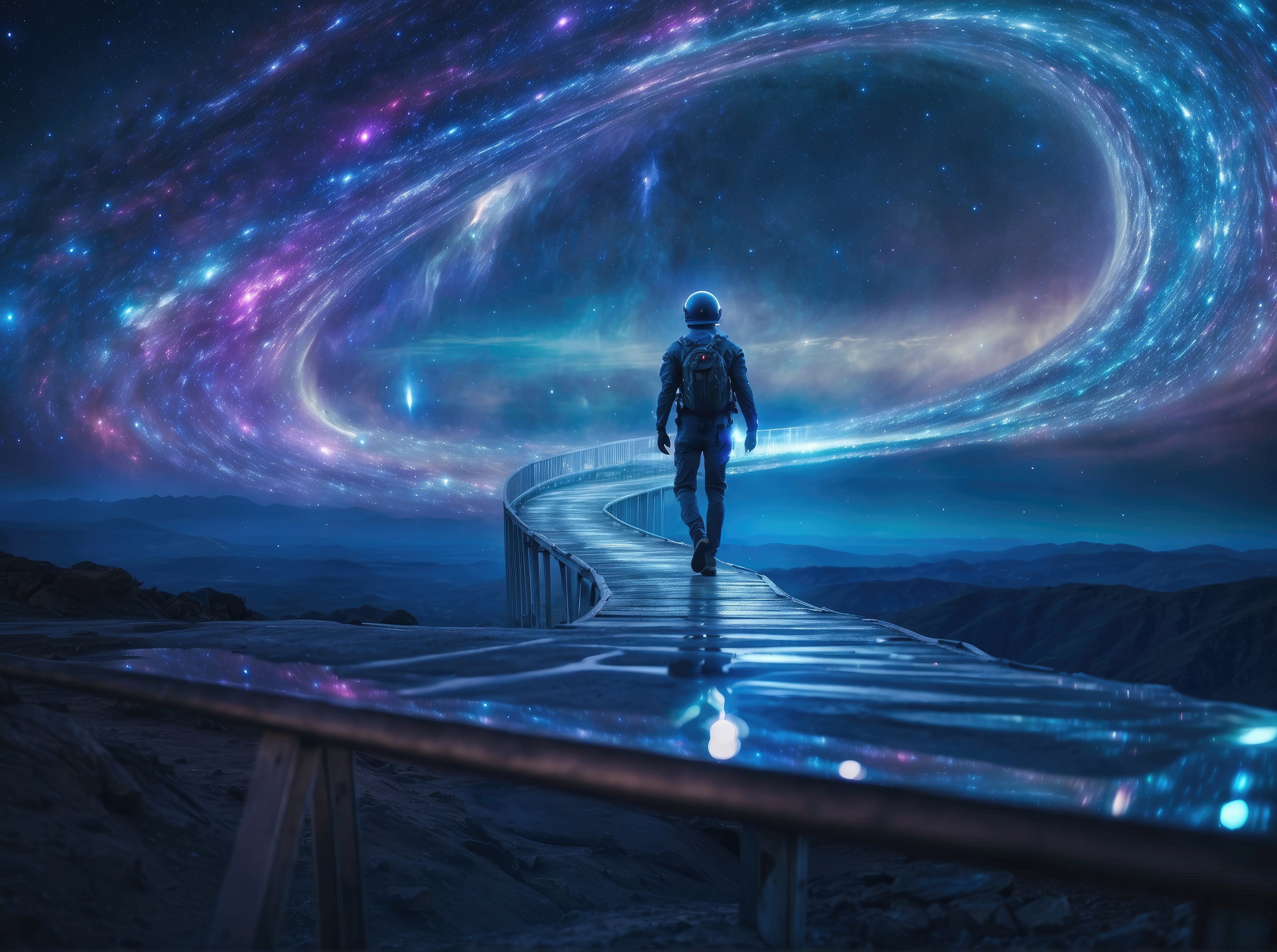 Astronaut walking on a galactic bridge HD Wallpaper