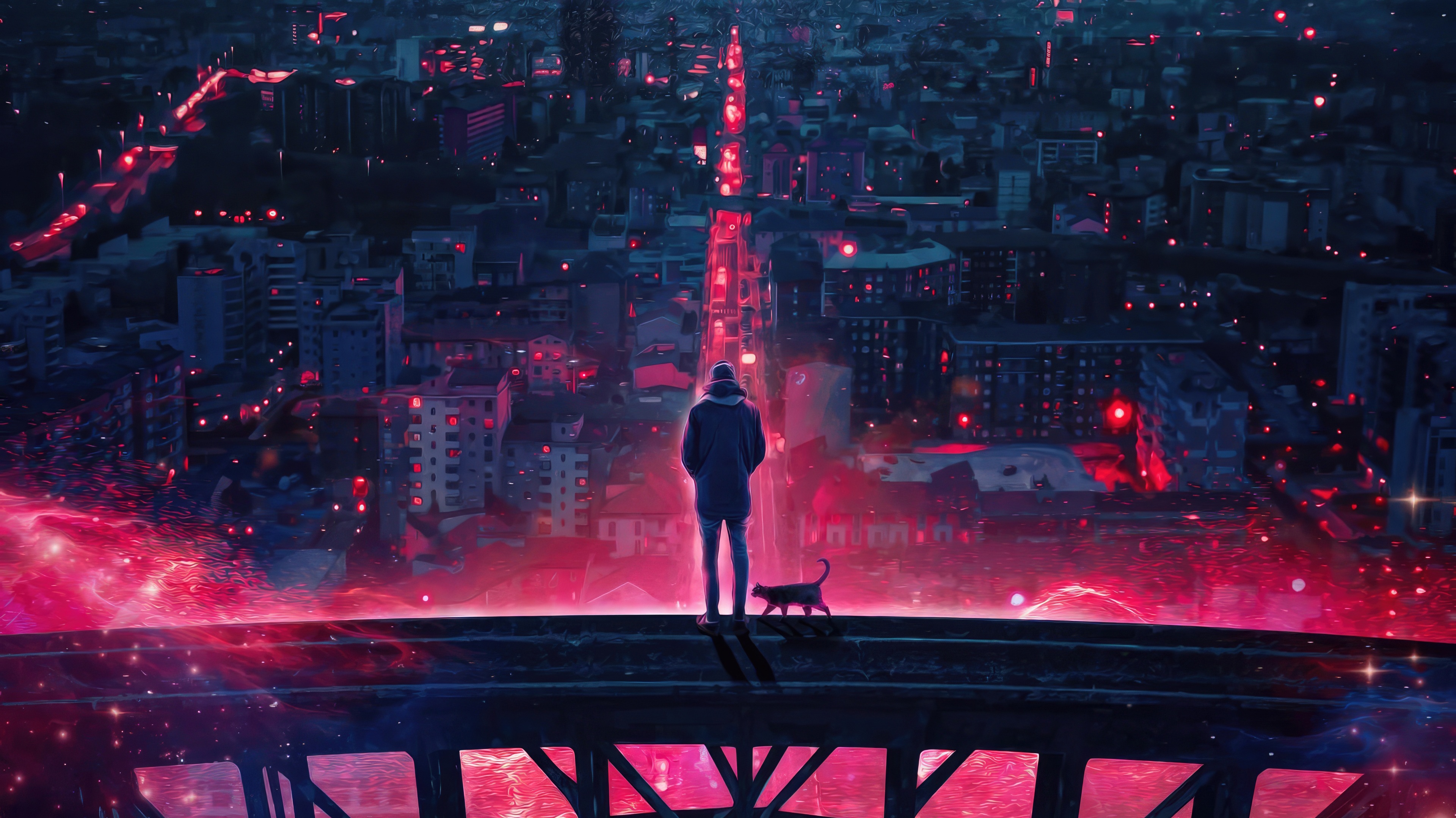 Man and cat on a bridge overlooking a neon city HD Wallpaper