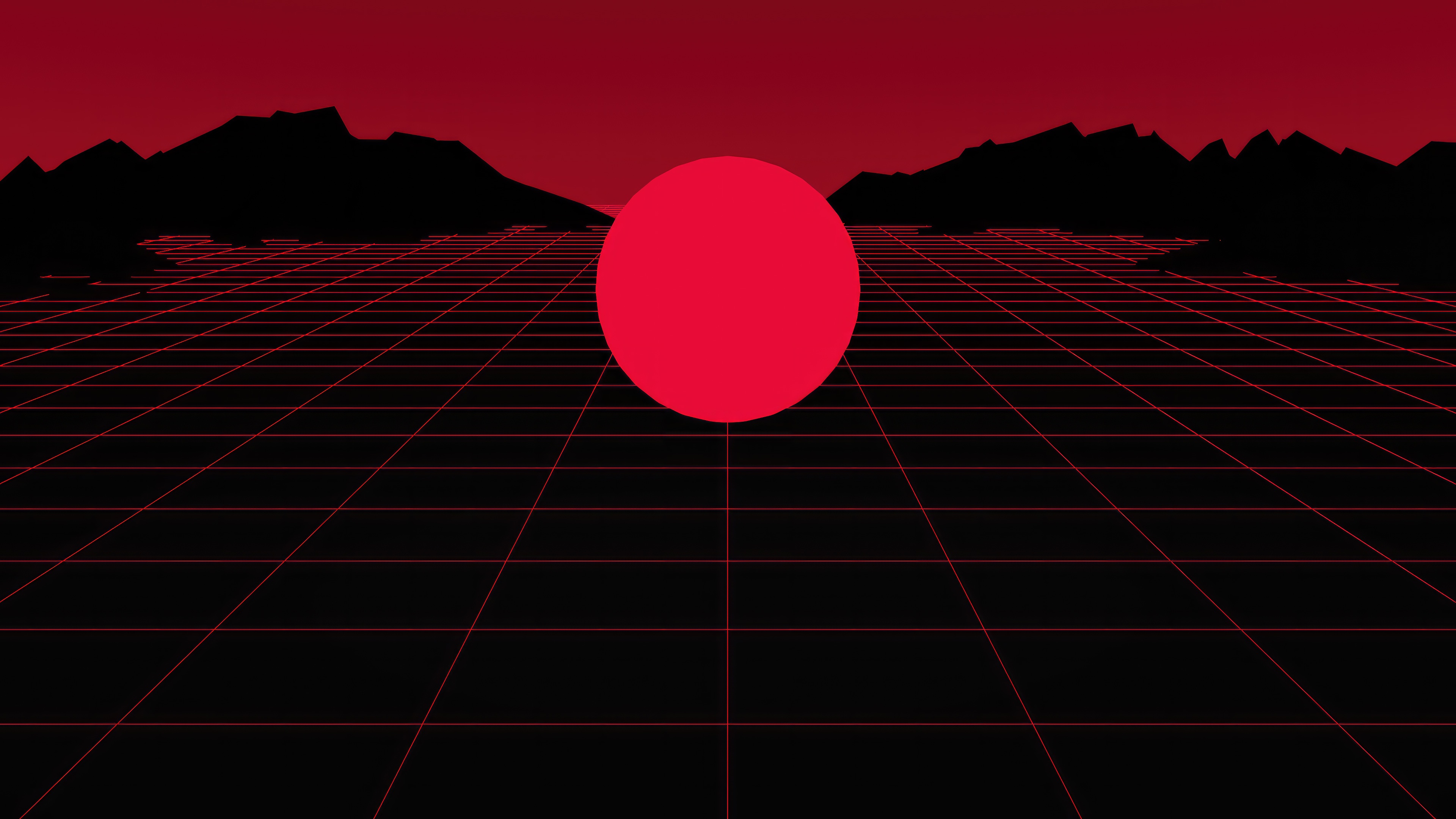 Red Neon Grid Landscape with Mountains and Sun HD Wallpaper