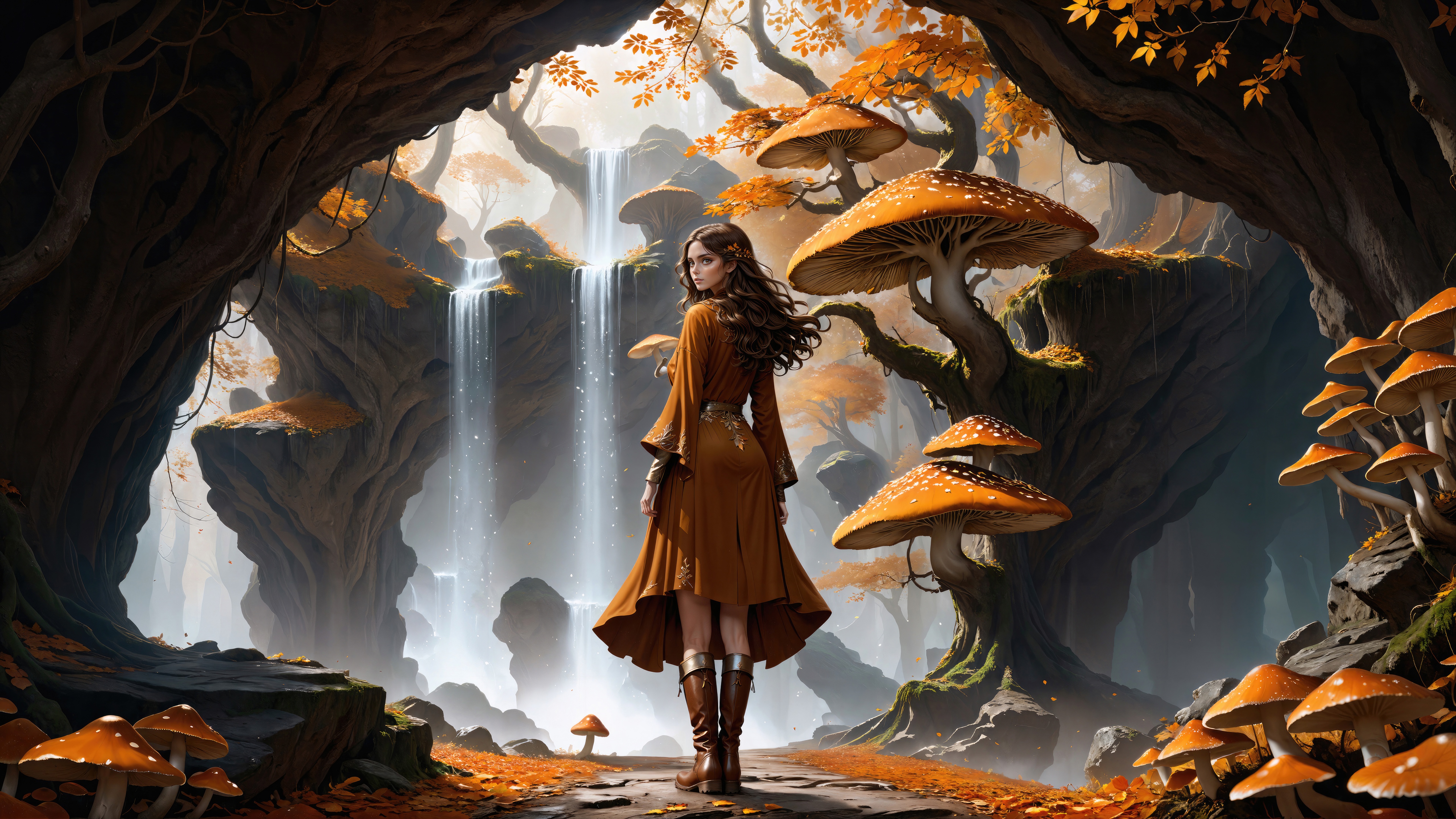 Woman walking in an autumn forest with mushrooms and waterfall HD Wallpaper