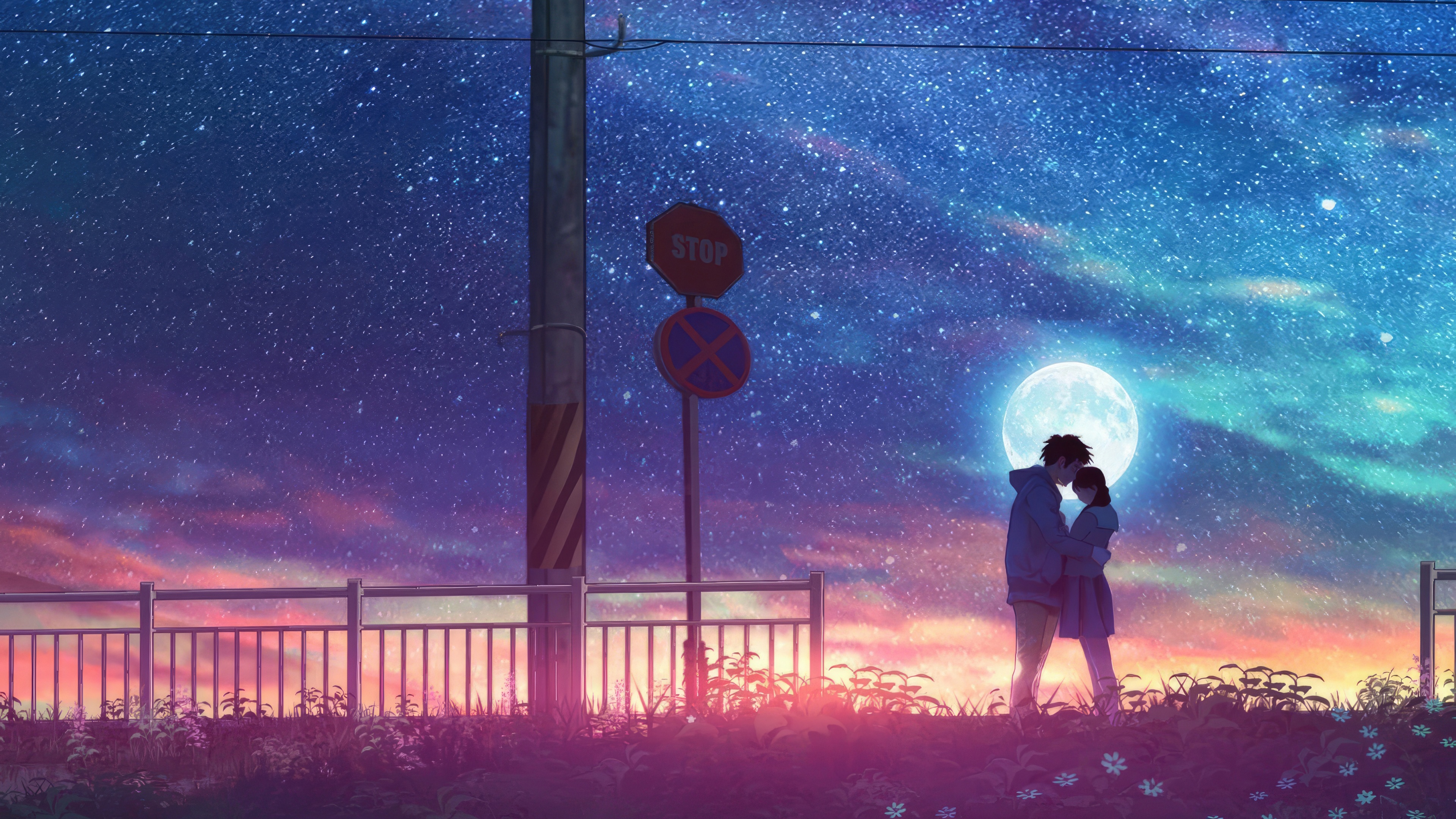 Couple Embracing Under a Starry Night Sky HD Wallpaper