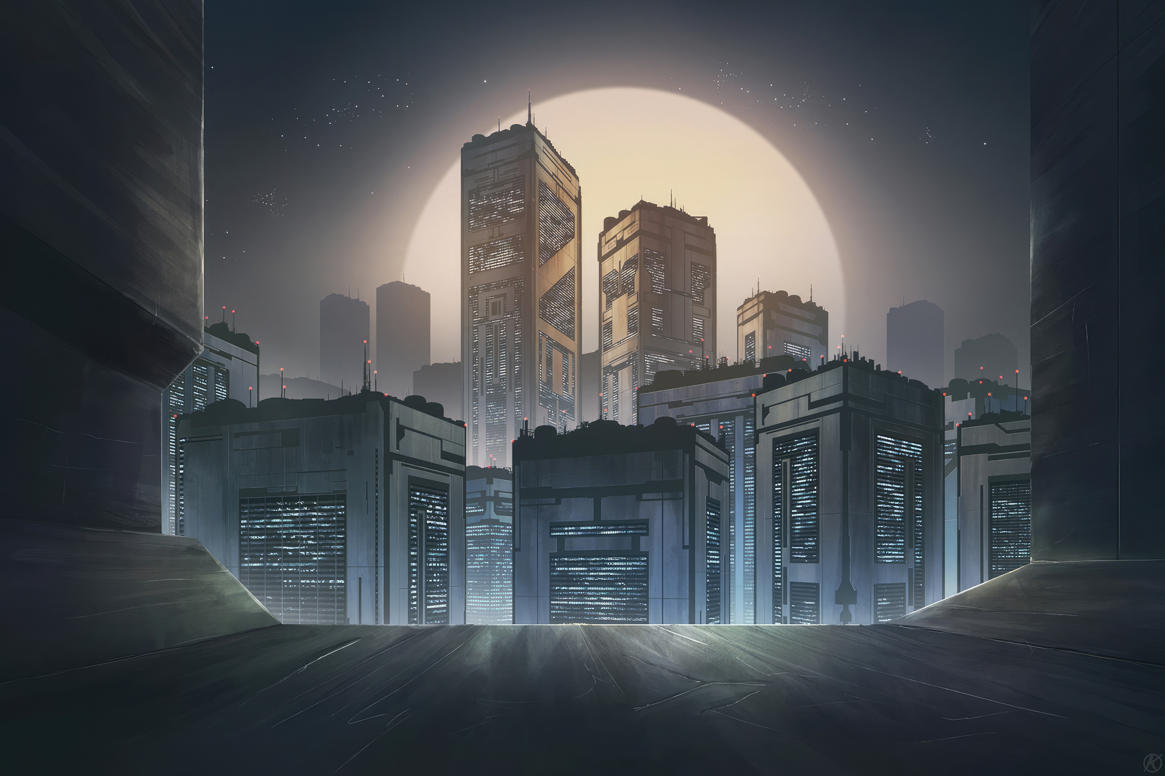New Port City at Dusk with Large Moon HD Wallpaper