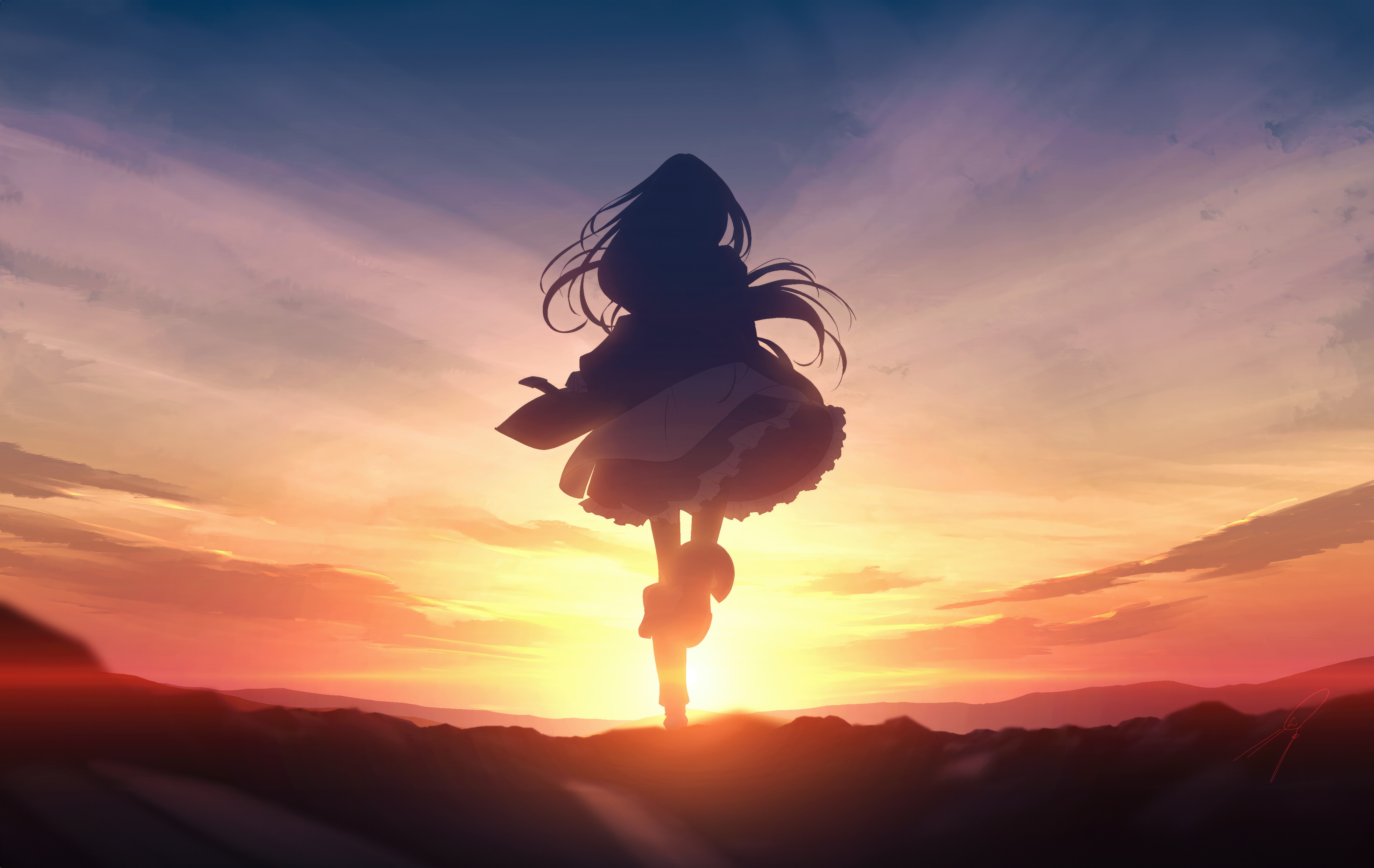 Anime girl silhouette against a sunset sky HD Wallpaper