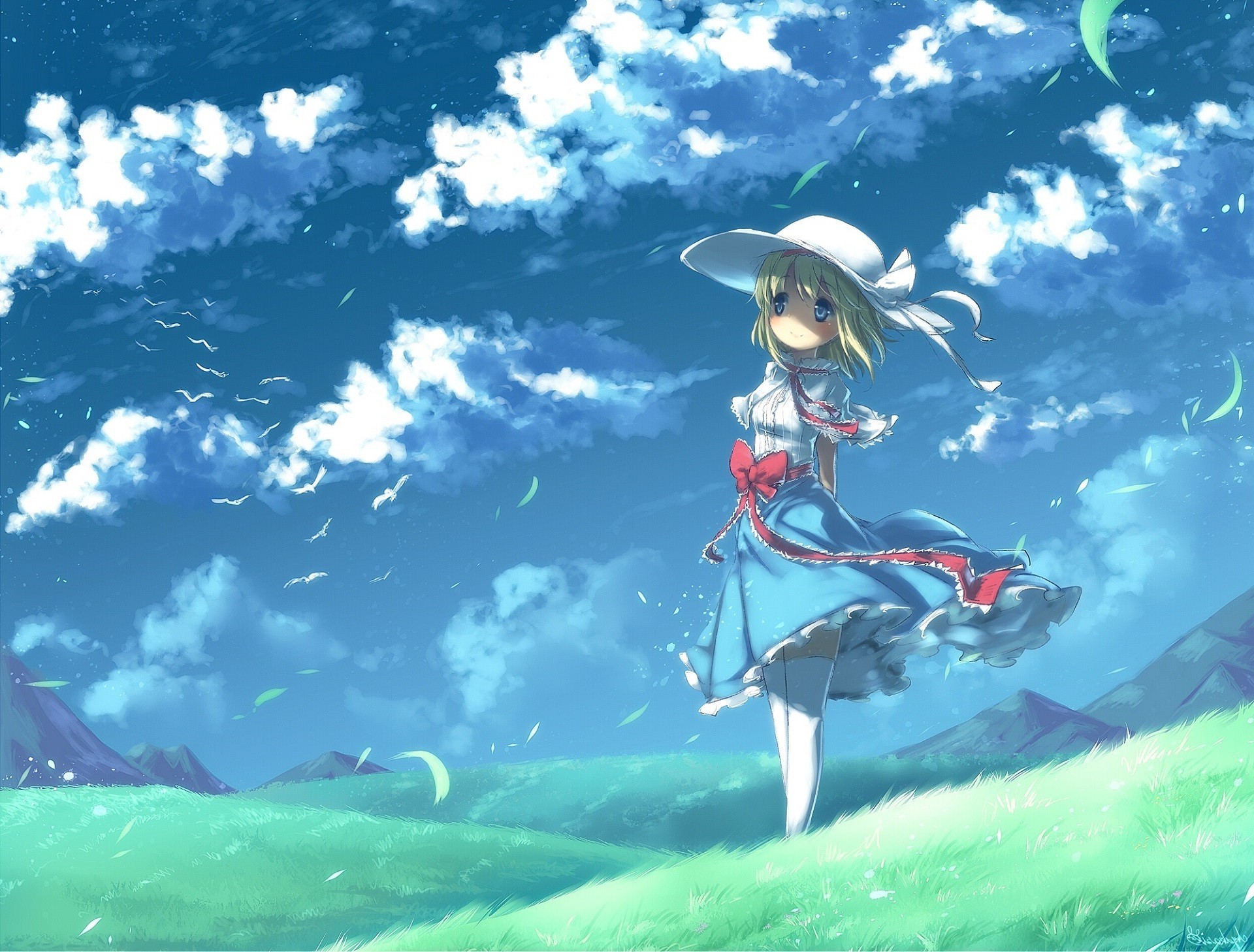 Anime girl in a blue dress and white hat in a field HD Wallpaper