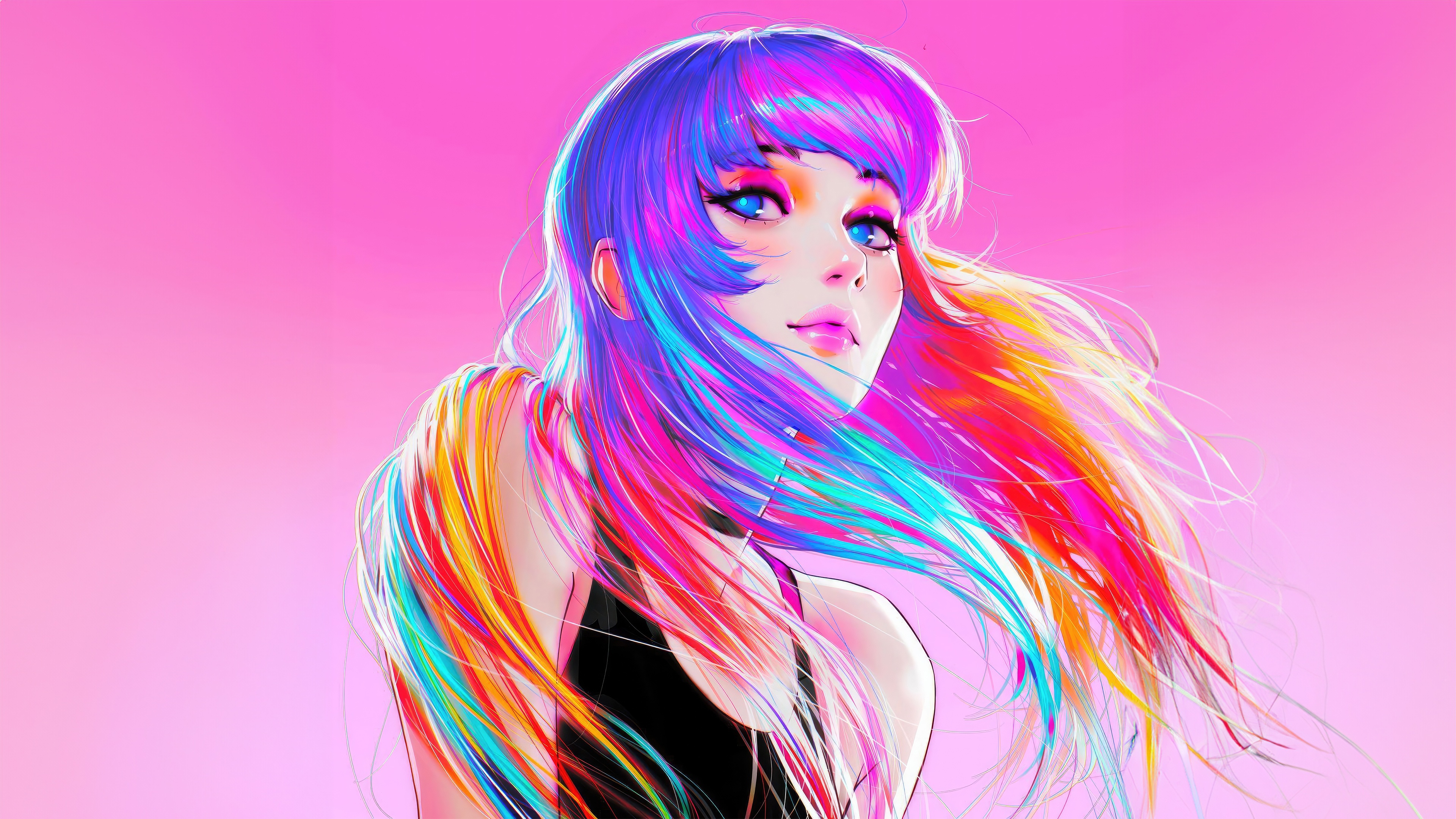 Girl with colorful hair on pink background HD Wallpaper