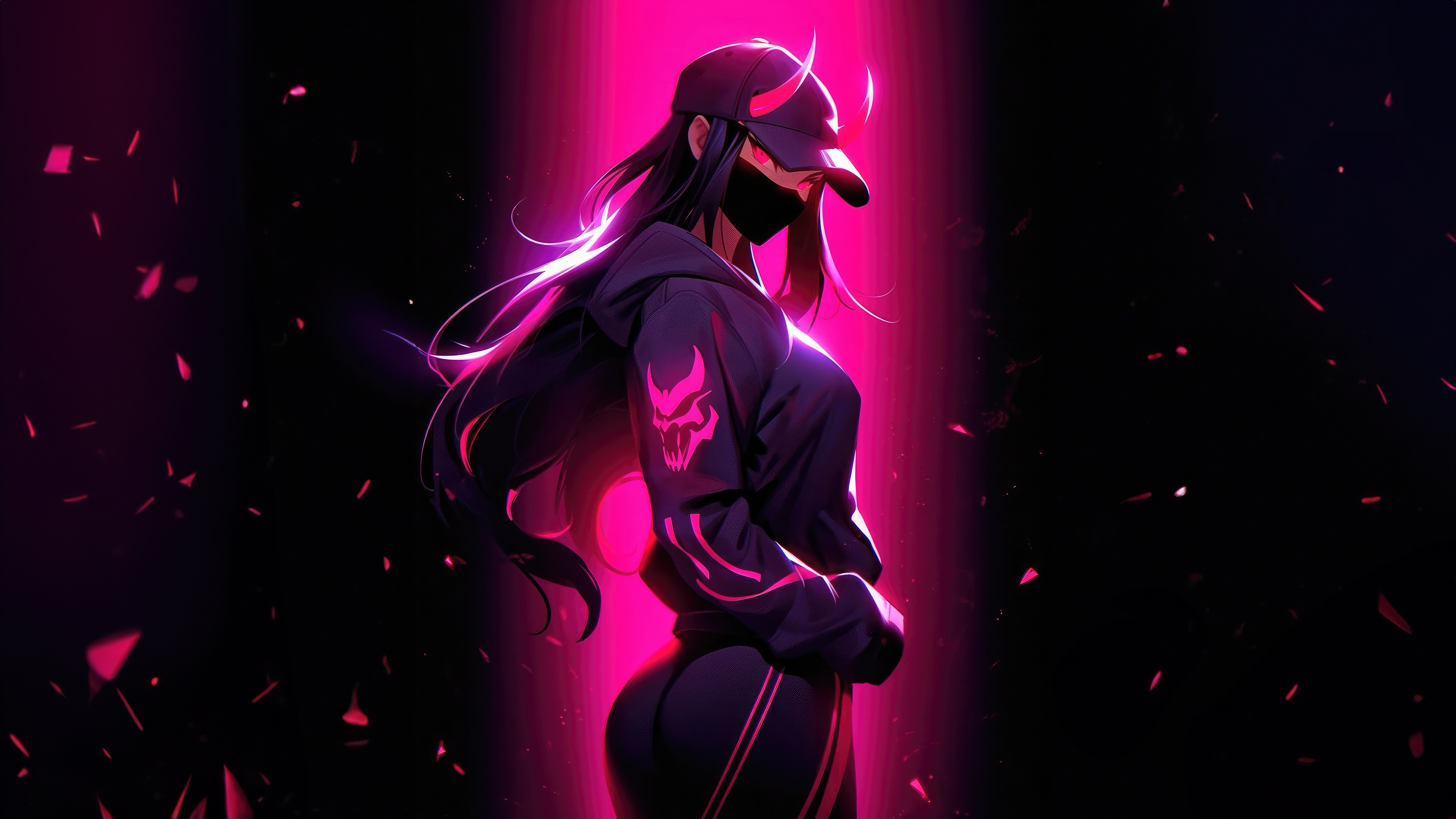 Anime girl with horns and mask in pink light HD Wallpaper