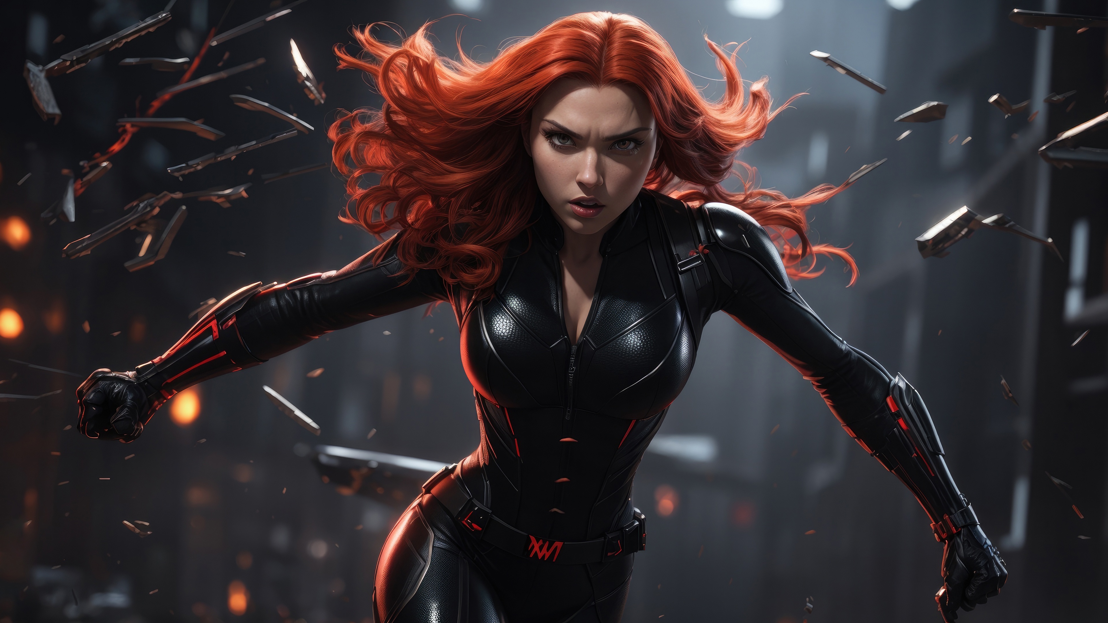 Black Widow in a black suit with red accents HD Wallpaper