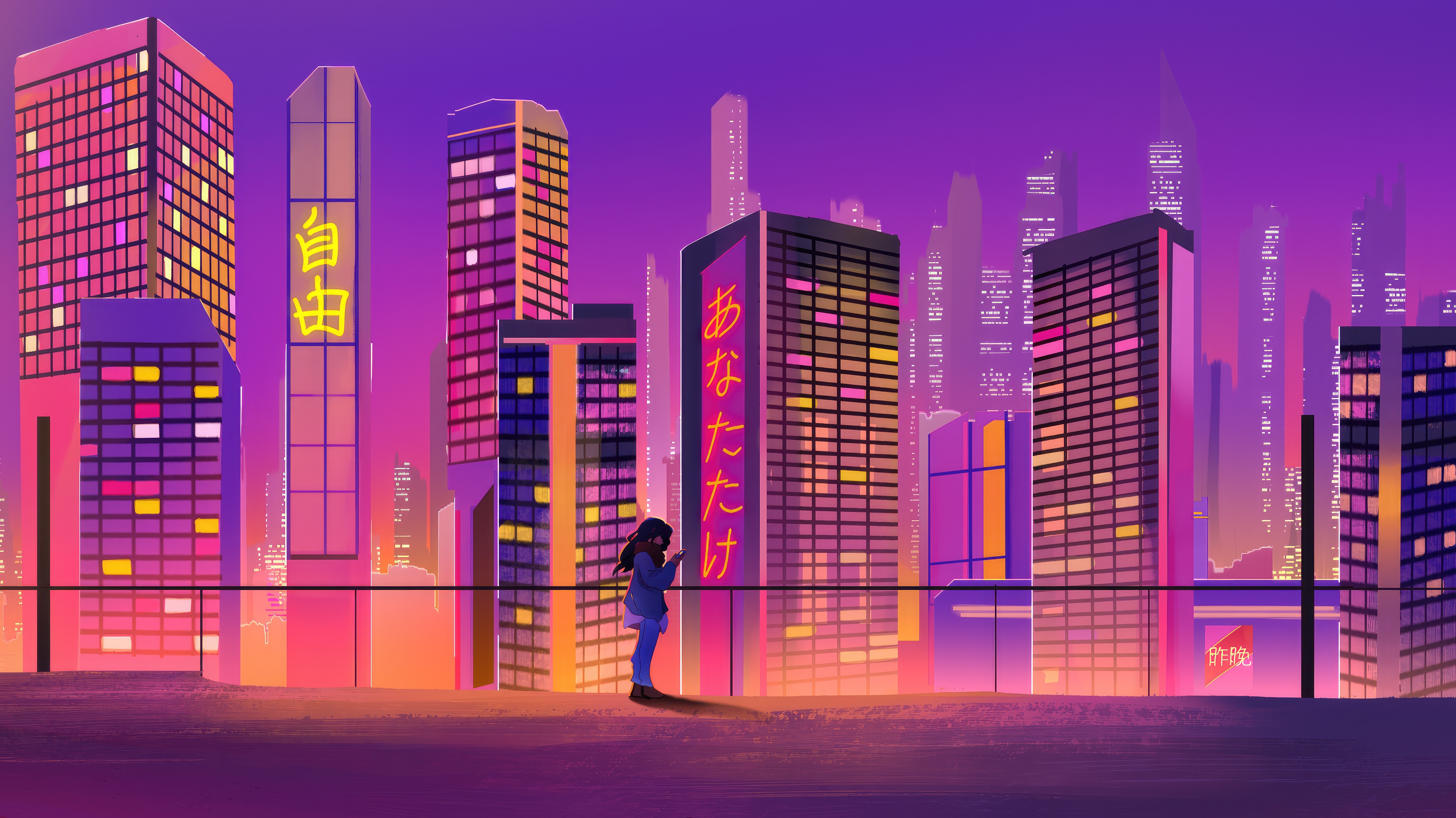 Girl on a rooftop overlooking a neon cityscape HD Wallpaper