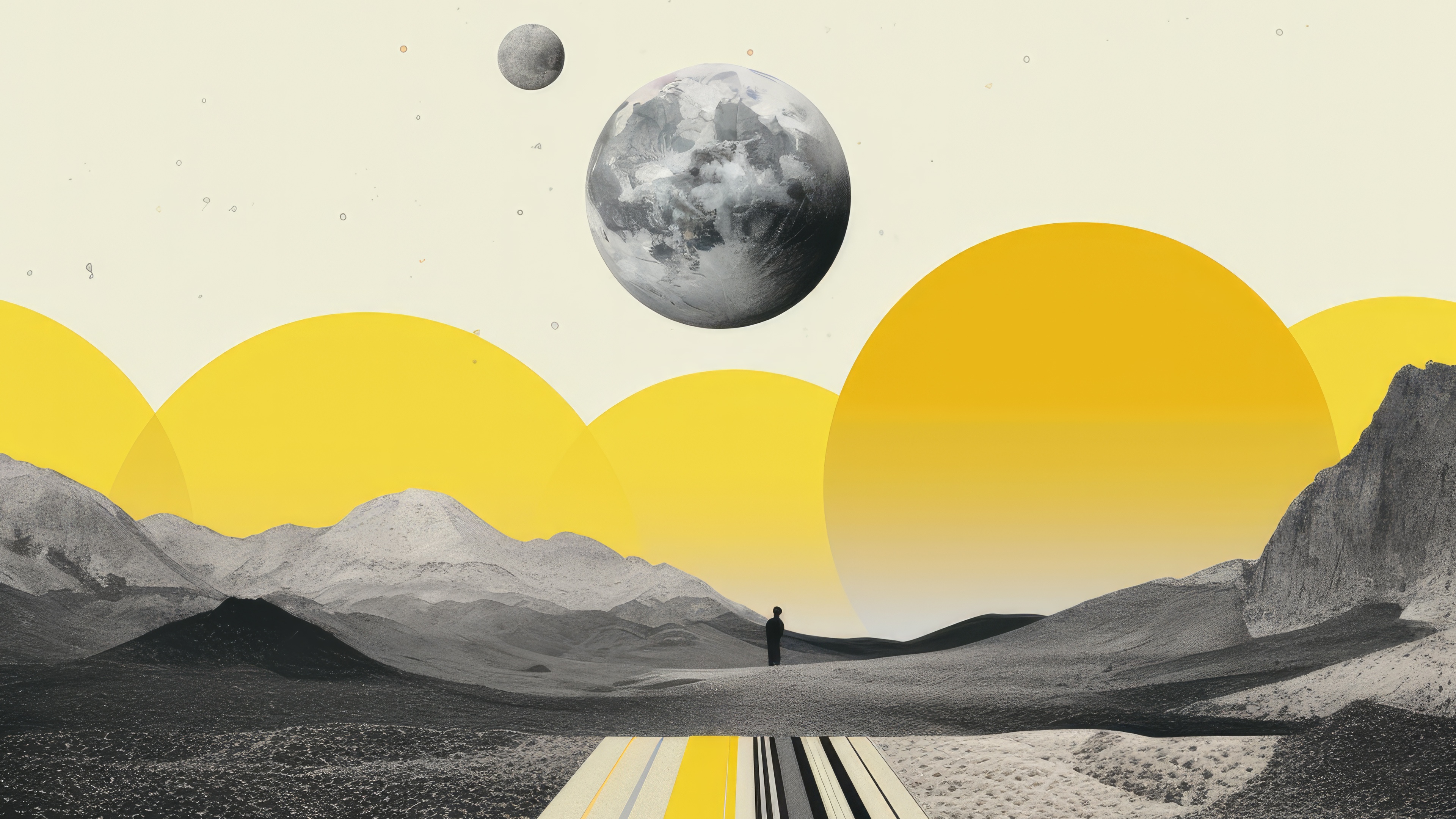 Collage of a lone figure in a surreal landscape HD Wallpaper
