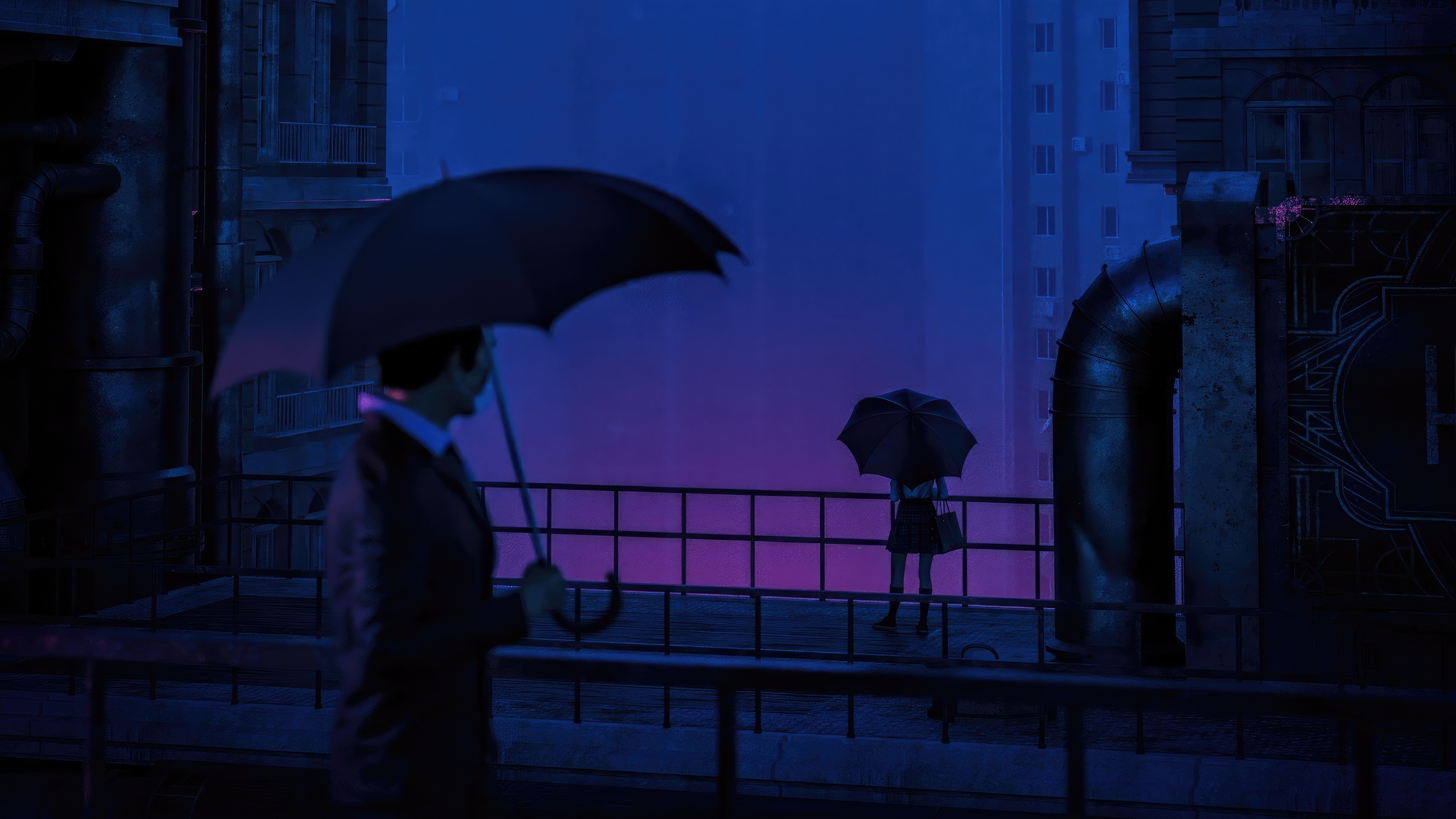 Man and woman with umbrellas on a rooftop at night HD Wallpaper