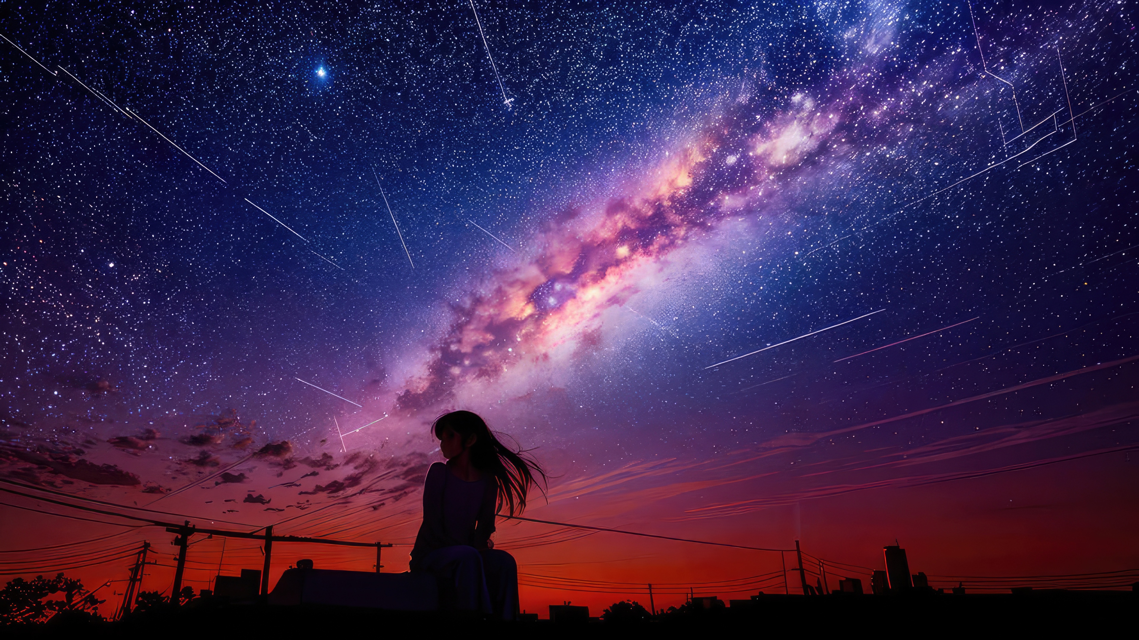 Girl sitting under a starry night sky HD Wallpaper