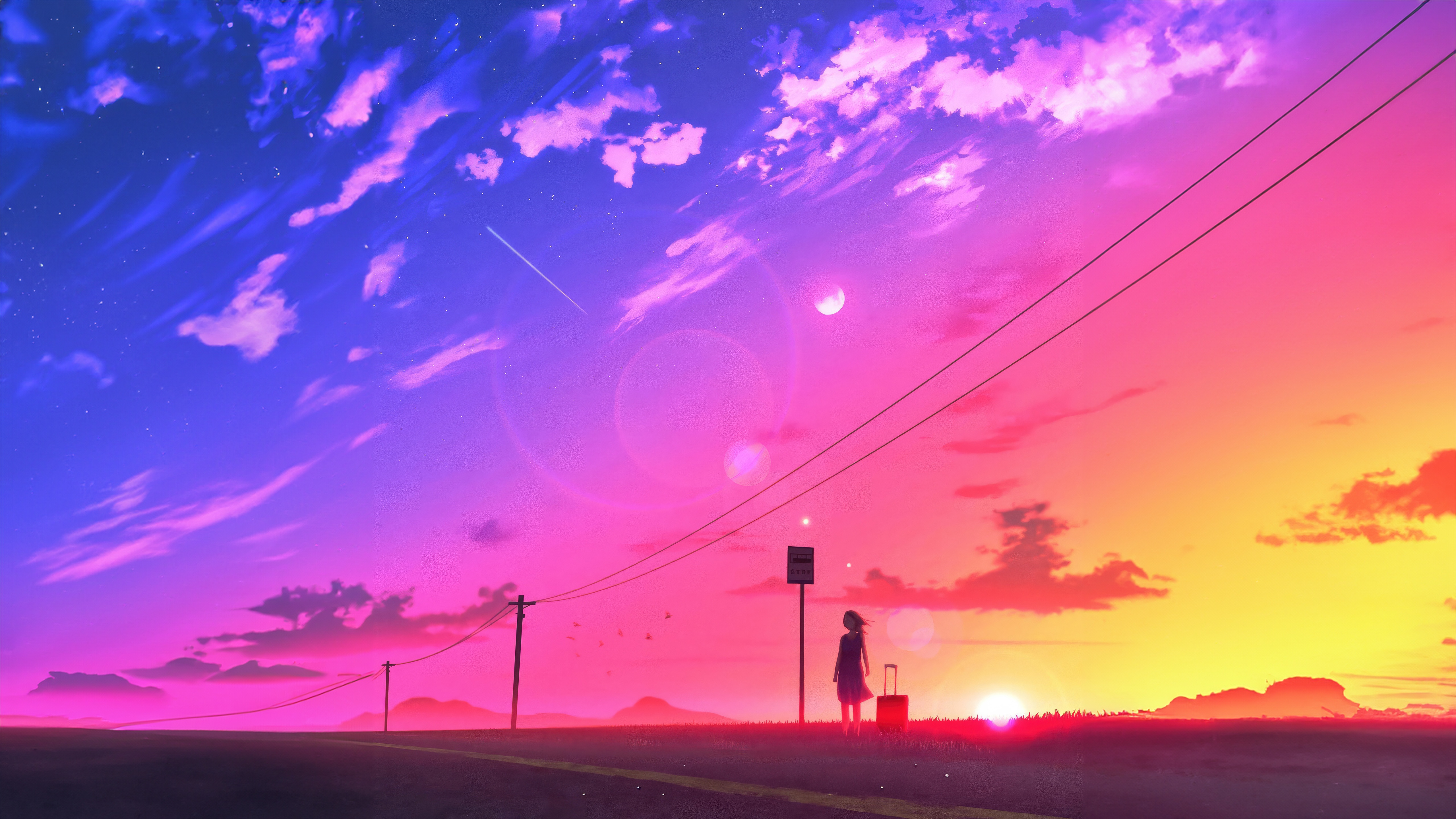 Girl with suitcase waiting at bus stop at sunset HD Wallpaper