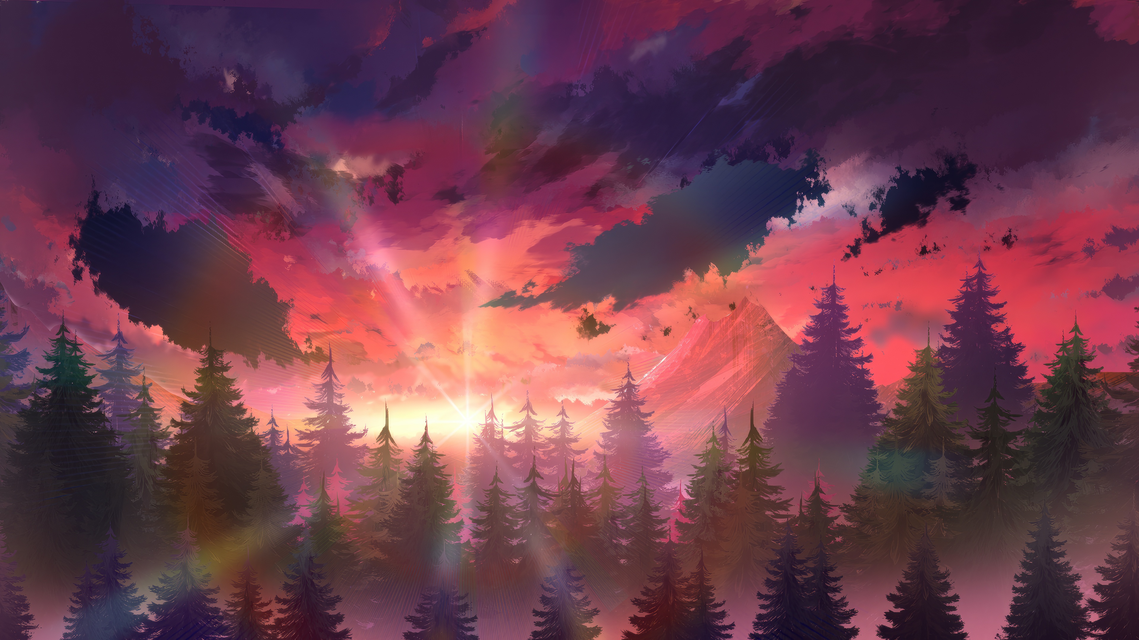Sunrise over a pine forest with mountains HD Wallpaper