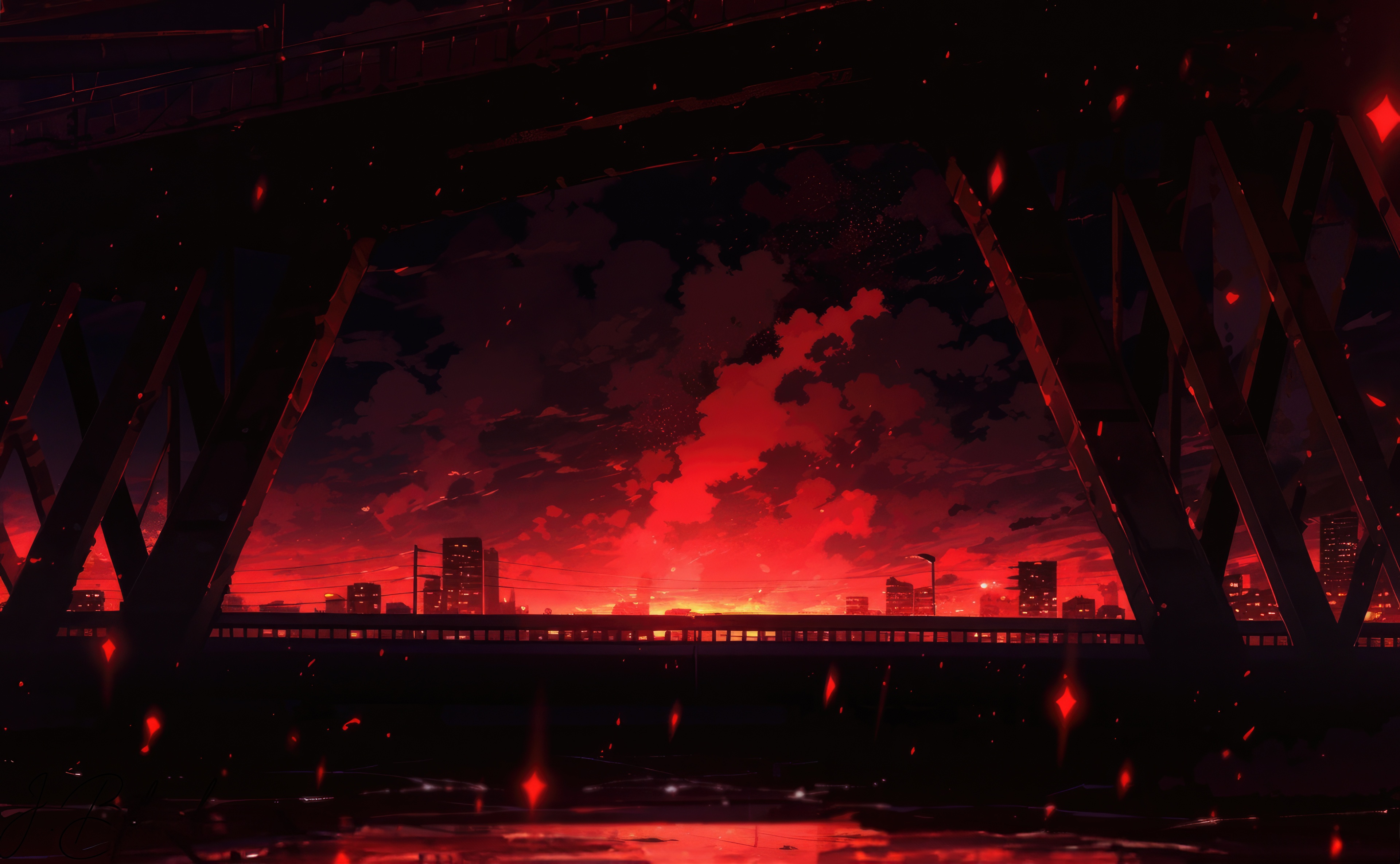 Anime city skyline at sunset with red clouds HD Wallpaper