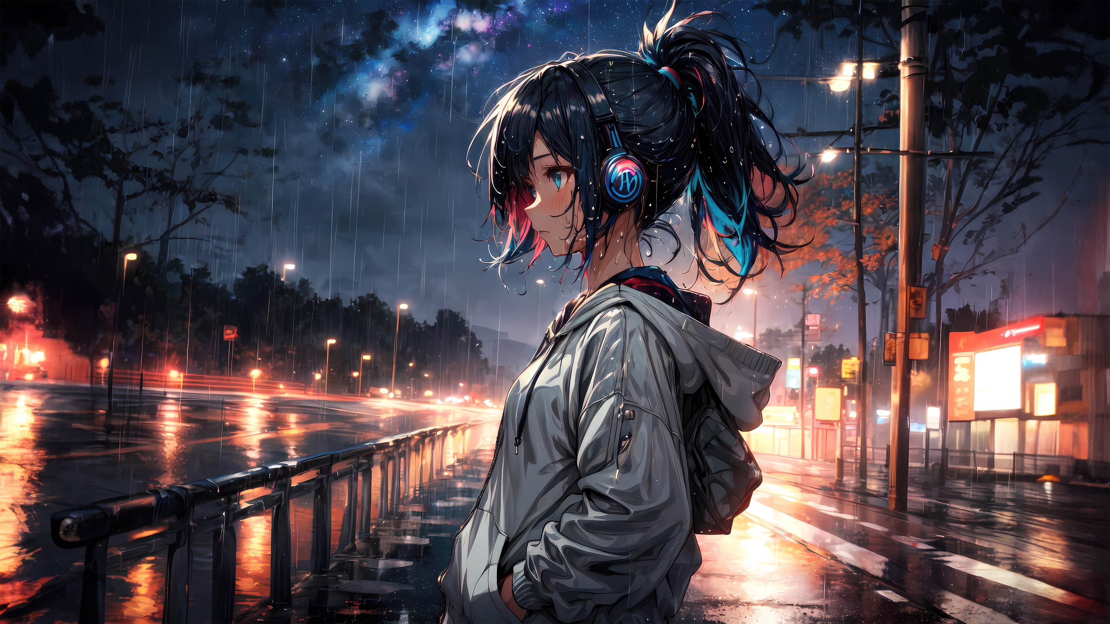 Anime Girl with Headphones on a Rainy Urban Street HD Wallpaper
