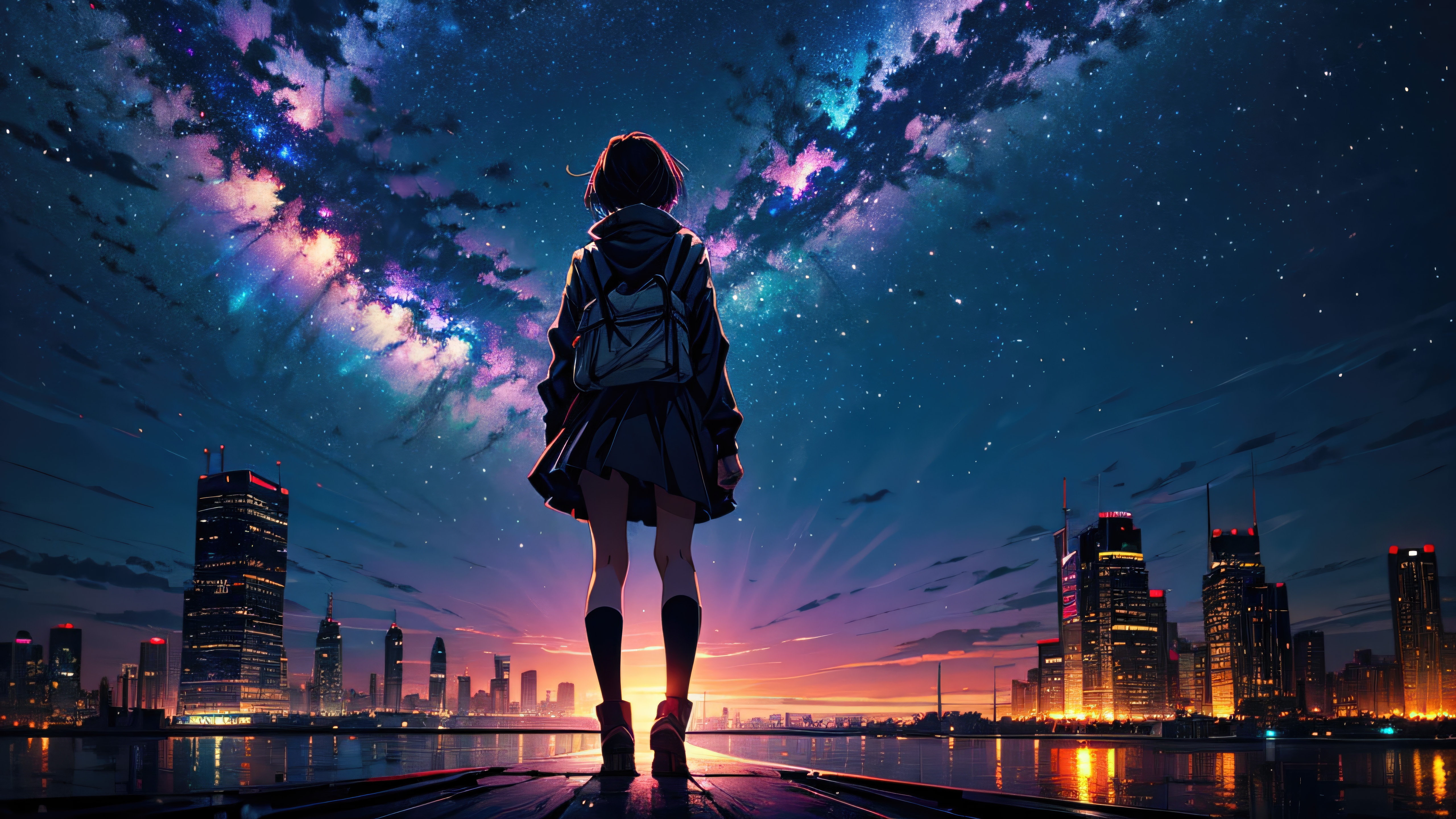 Anime girl looking at a starry night sky over a city HD Wallpaper