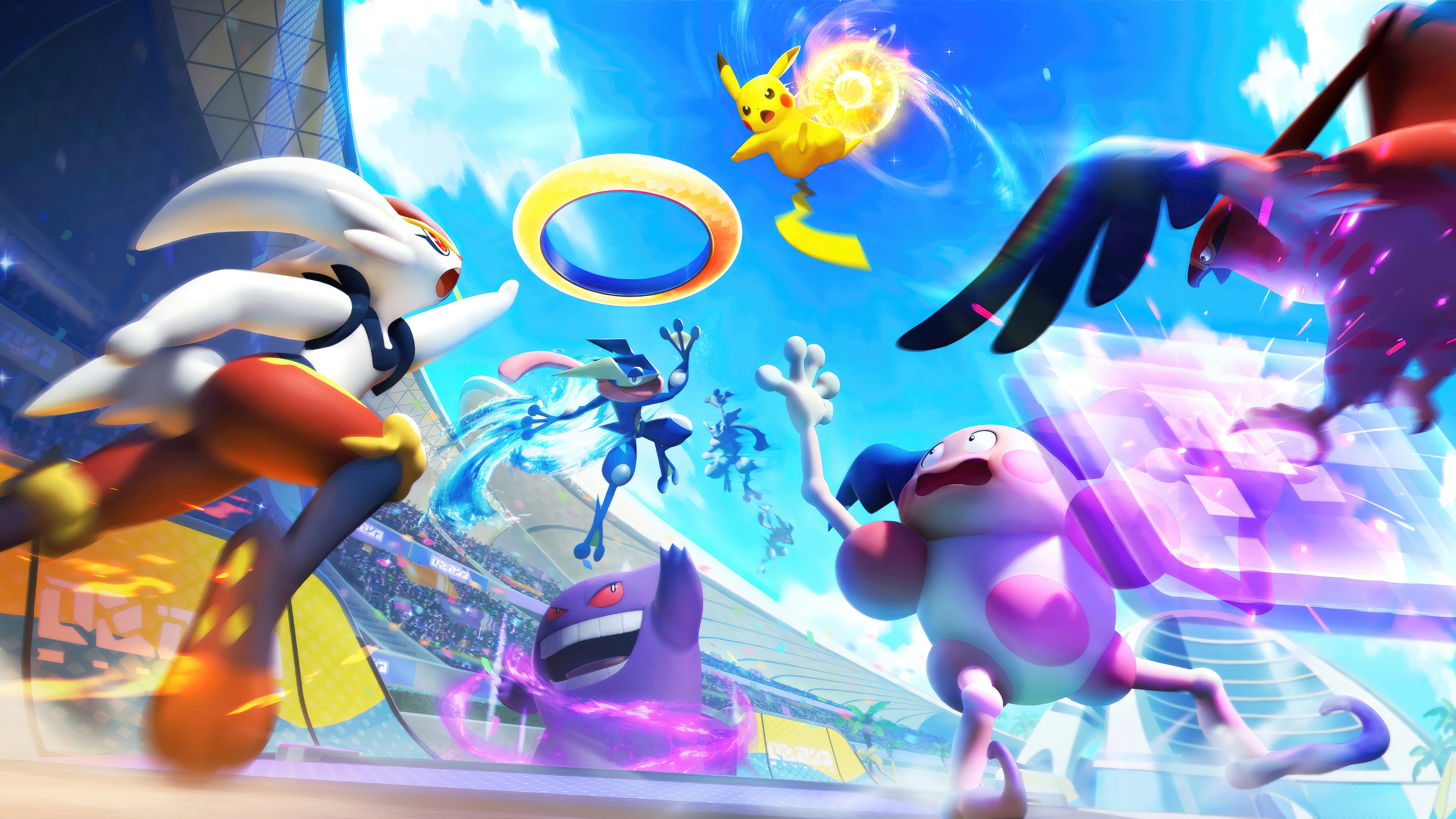 Pokemon Unite Battle with Pikachu, Greninja, and Cinderace HD Wallpaper