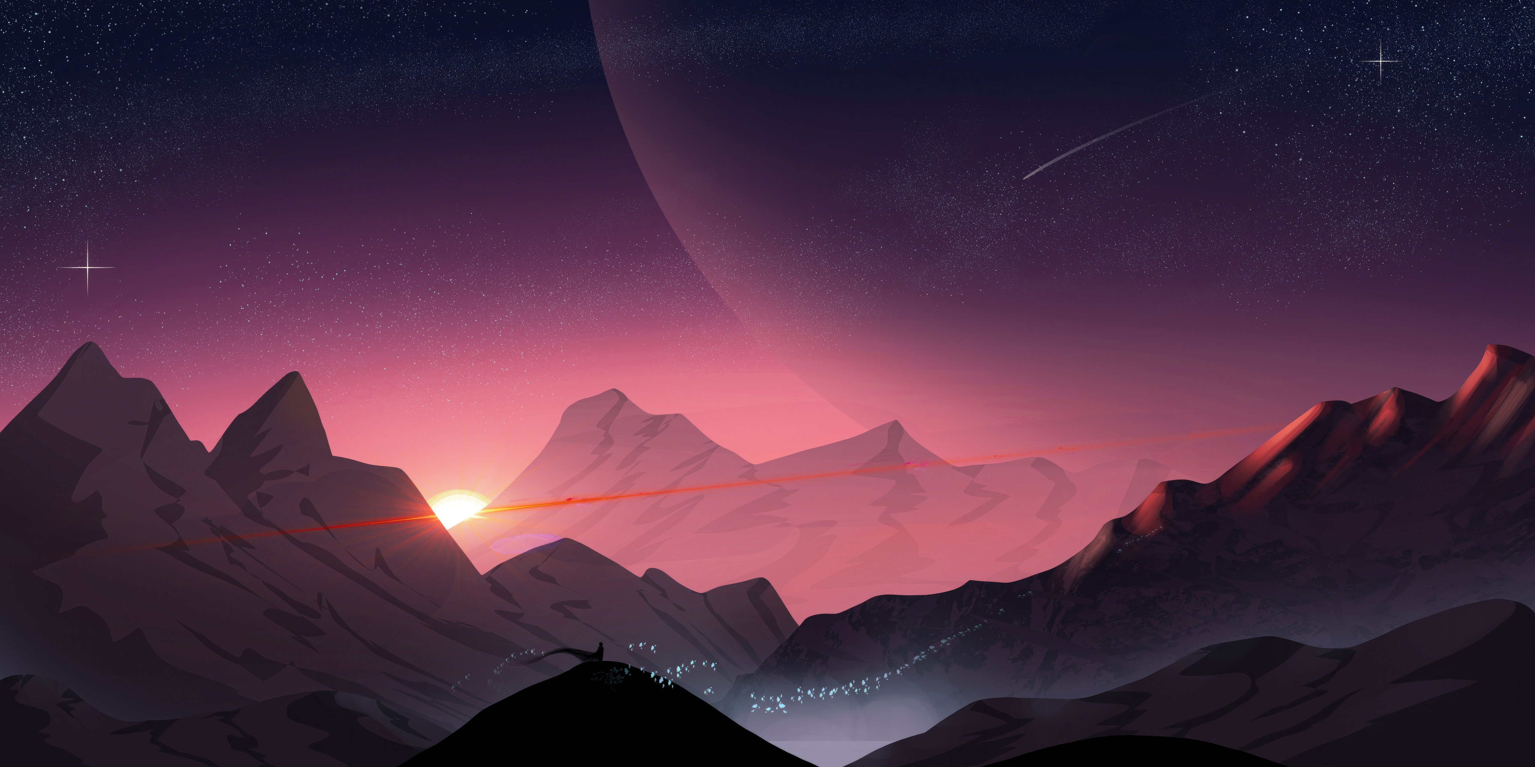 Mountains with sunrise and a large planet in the sky HD Wallpaper