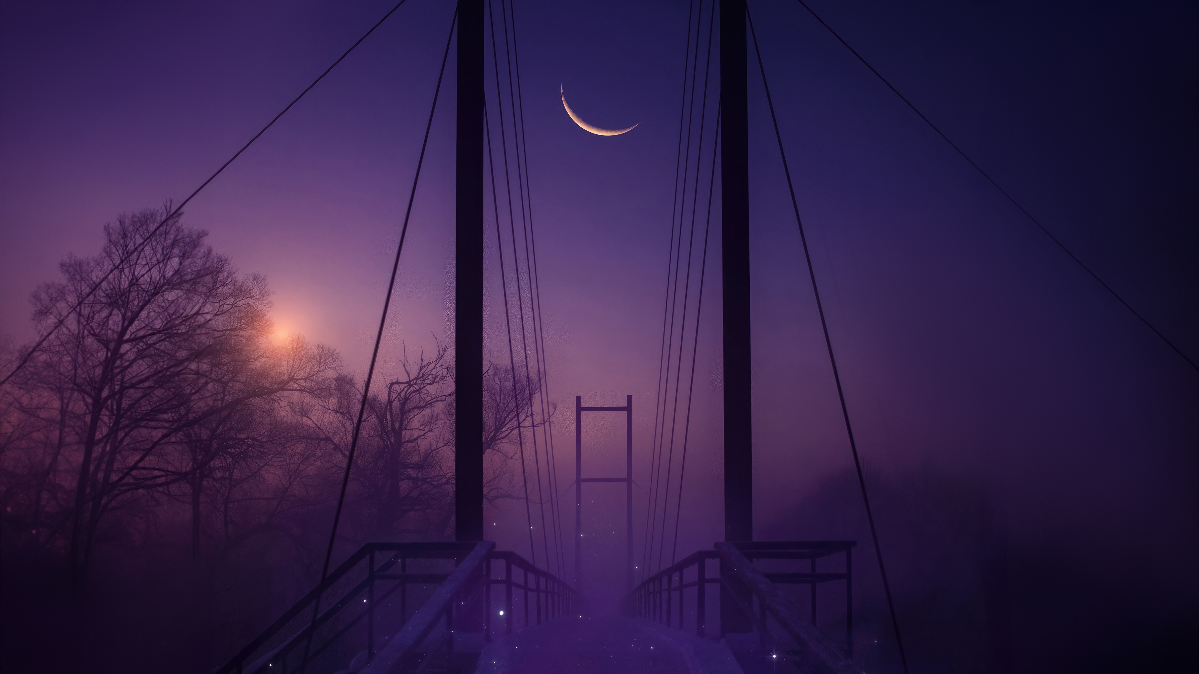 Bridge at twilight with a crescent moon HD Wallpaper