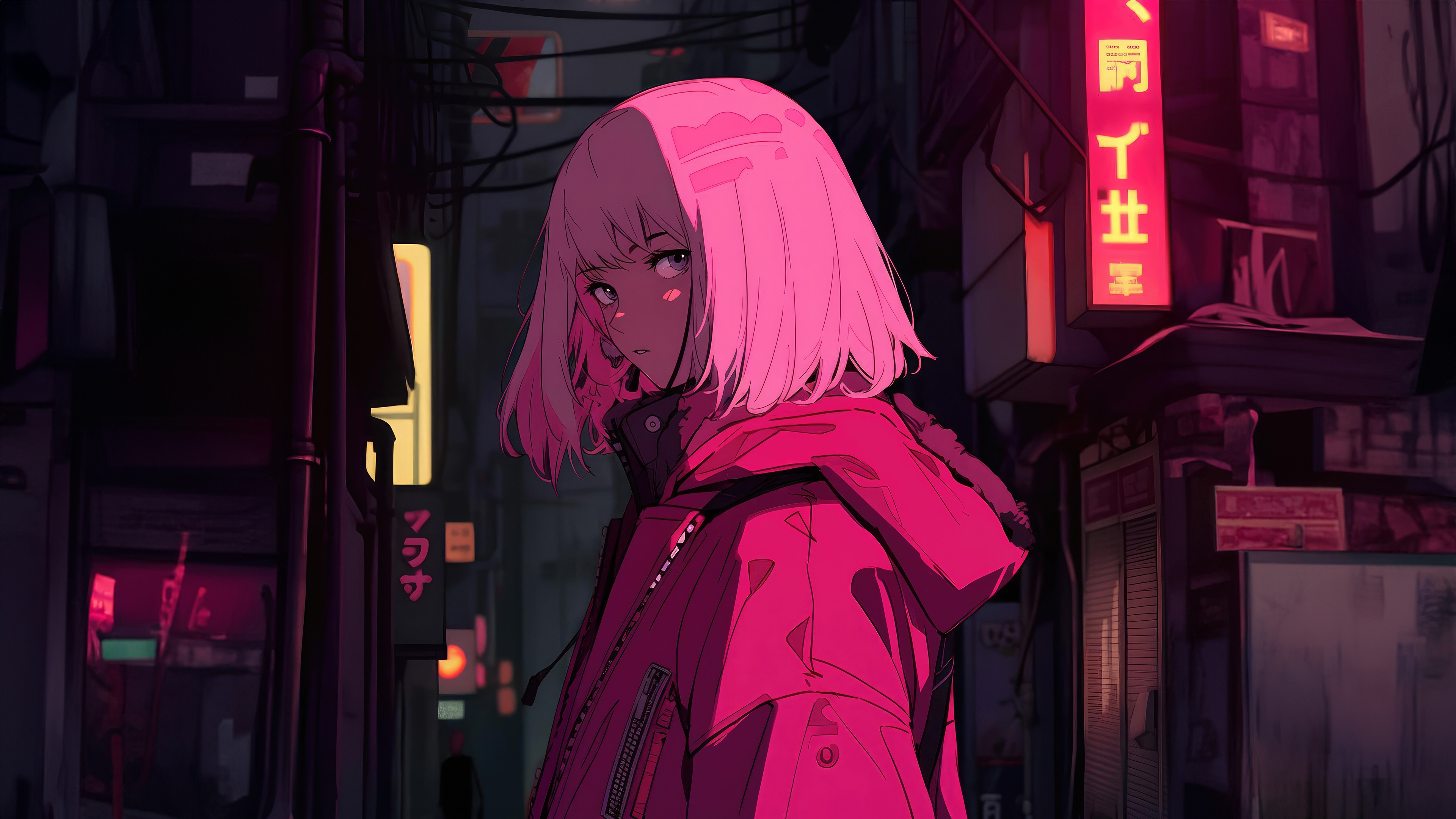 Girl in Pink Jacket in Neon City HD Wallpaper