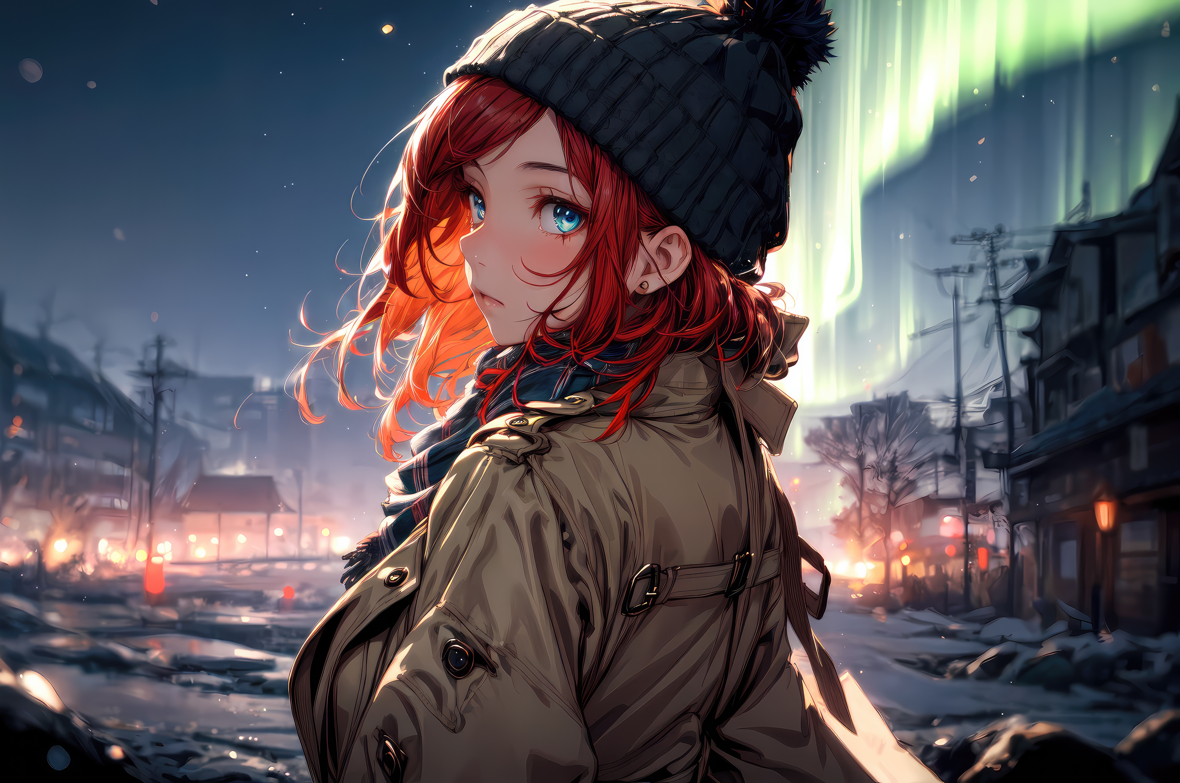 Anime girl with red hair under the Aurora Borealis HD Wallpaper