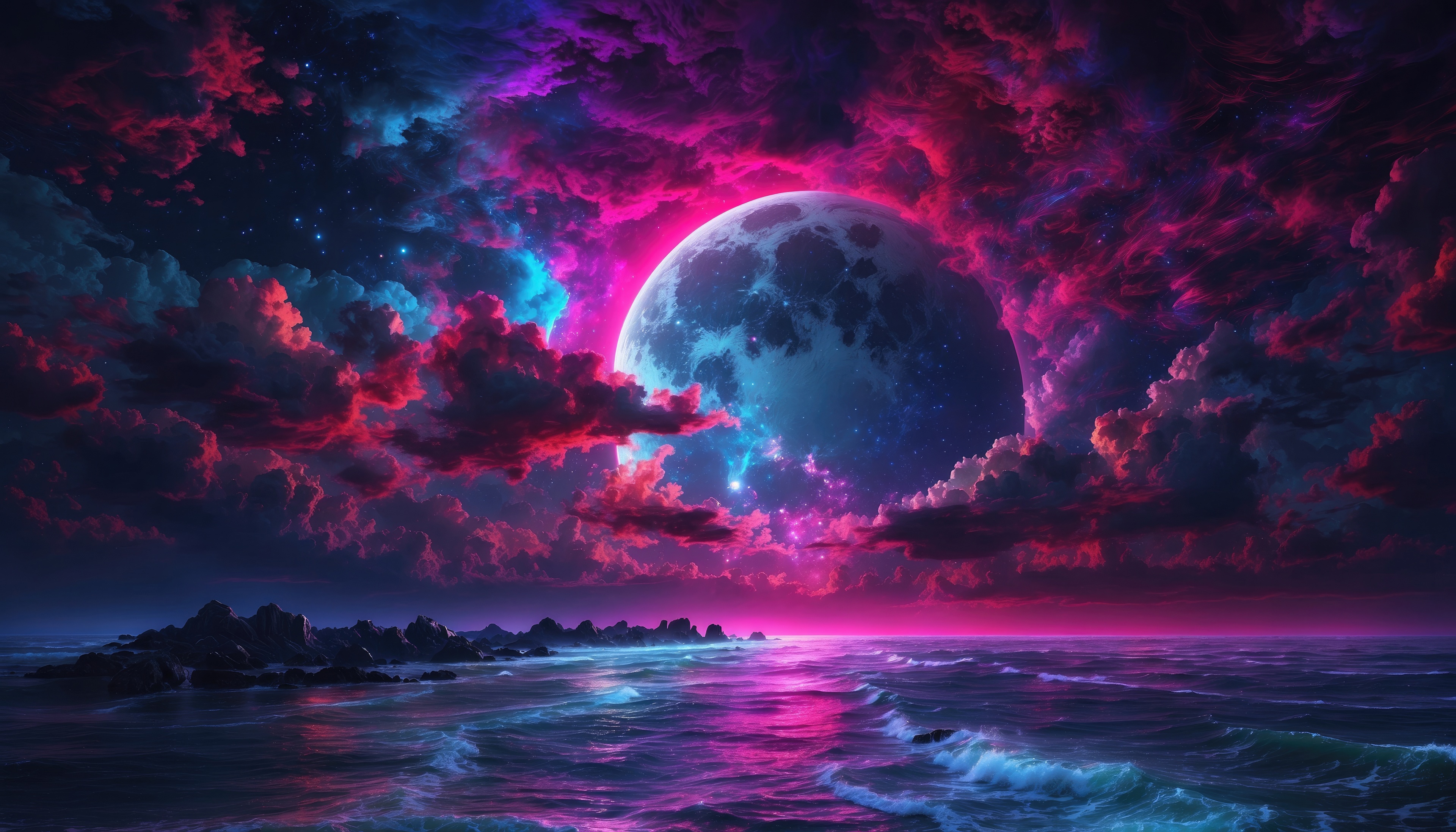 Neon Glow Under Midnight Moon HD Wallpaper