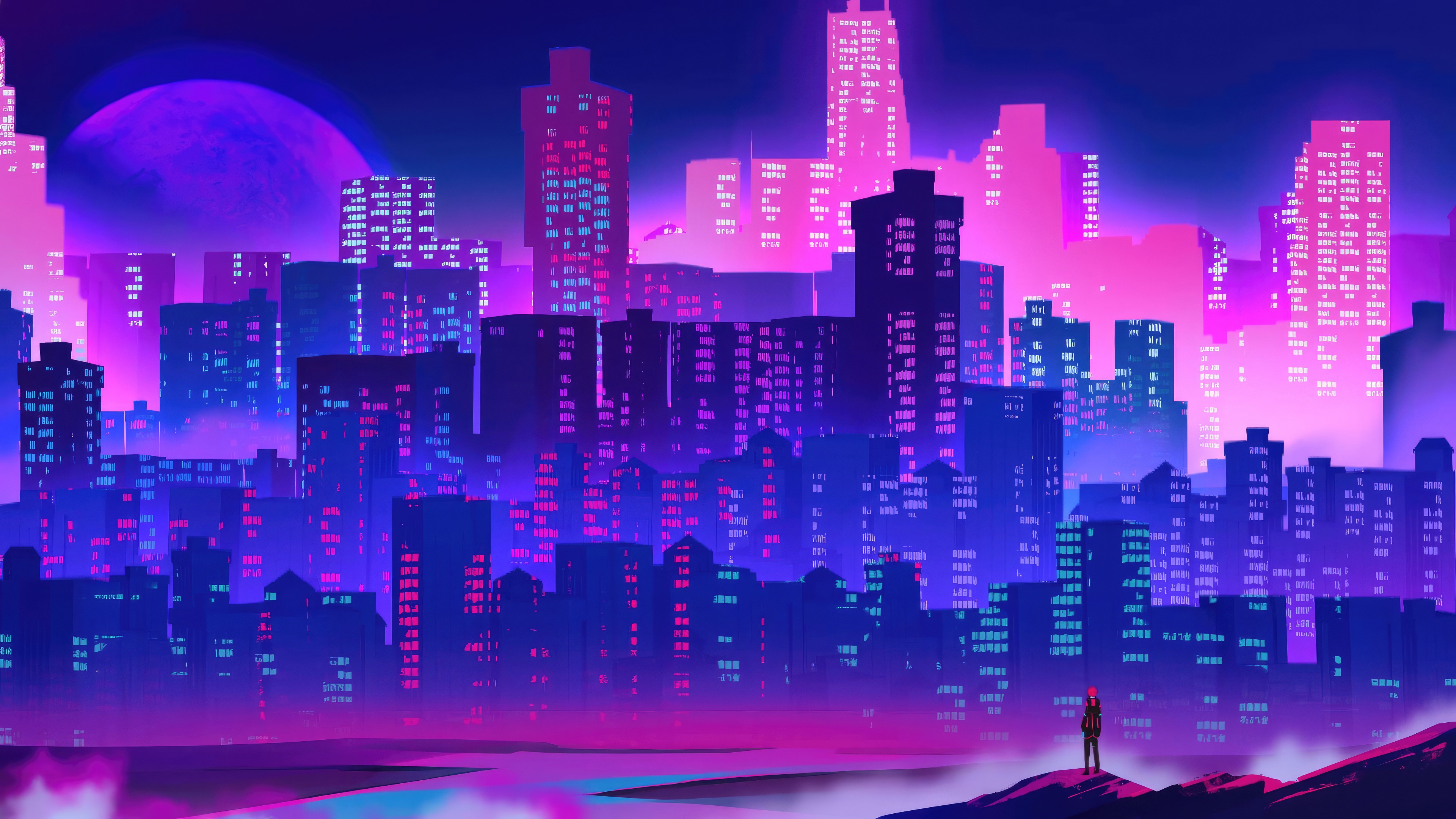 Neon Cityscape with a Lone Figure Gazing HD Wallpaper