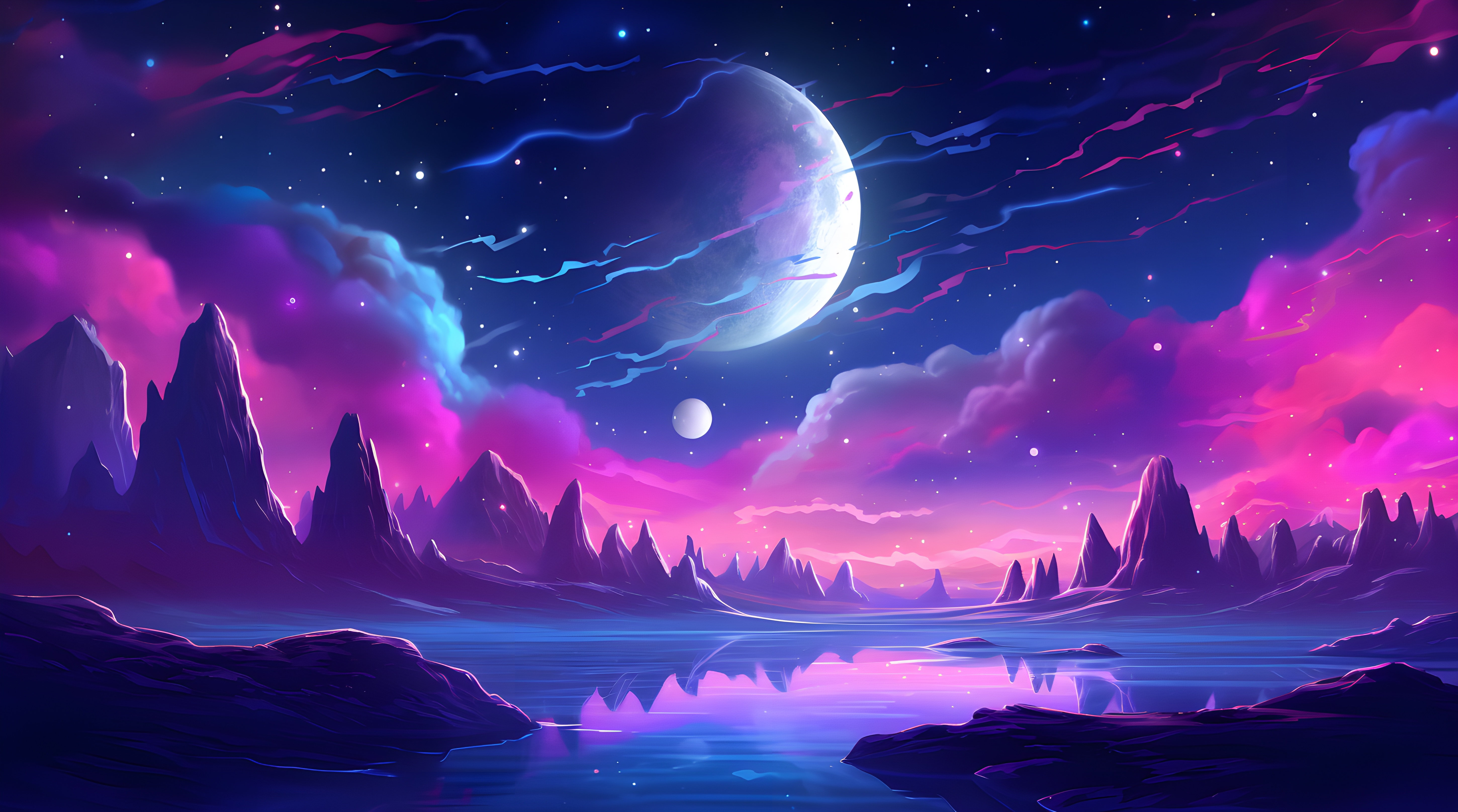 Dreamy alien landscape with planets and colorful clouds HD Wallpaper