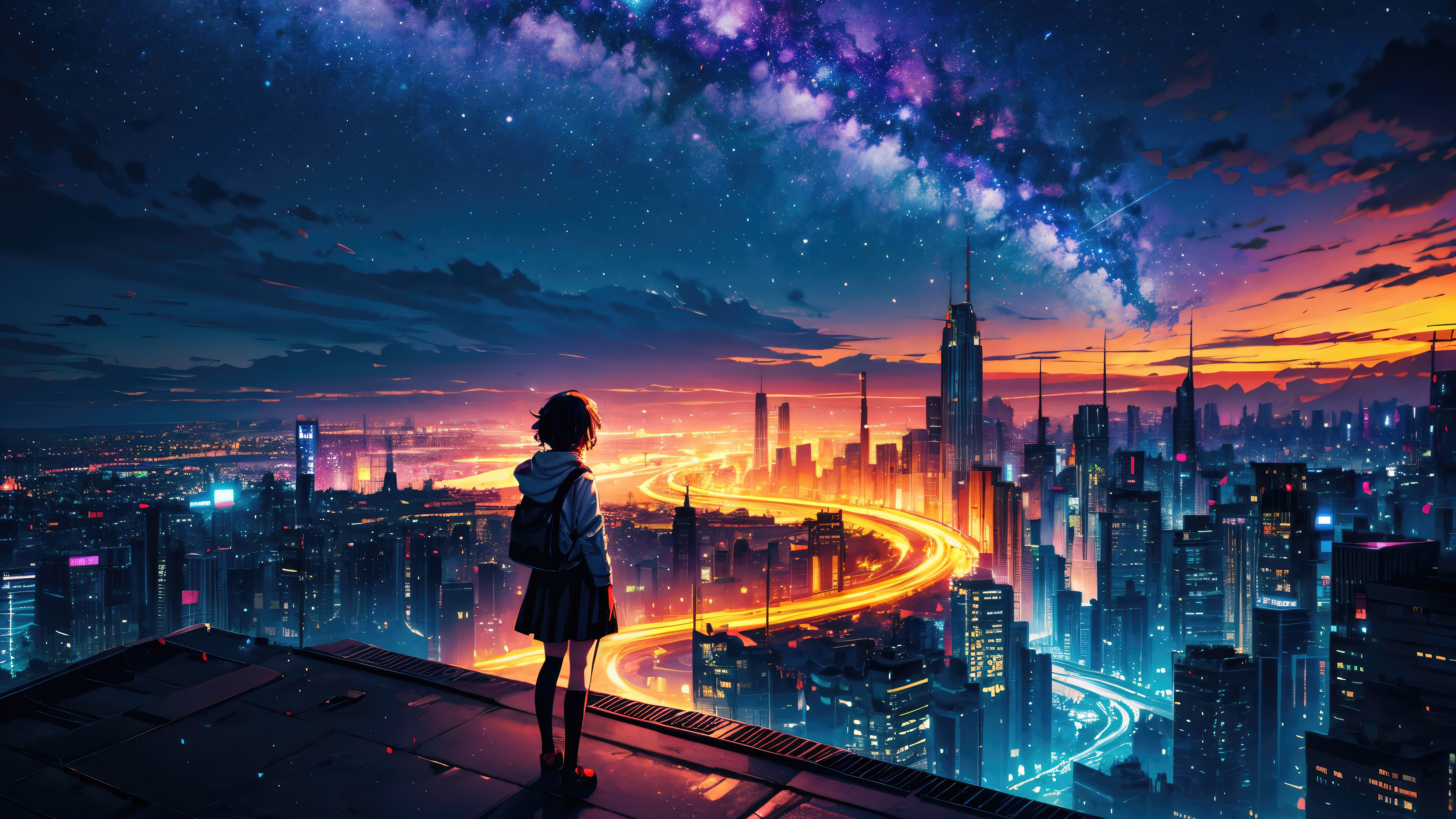 Anime girl looking at a futuristic city under a starry sky HD Wallpaper