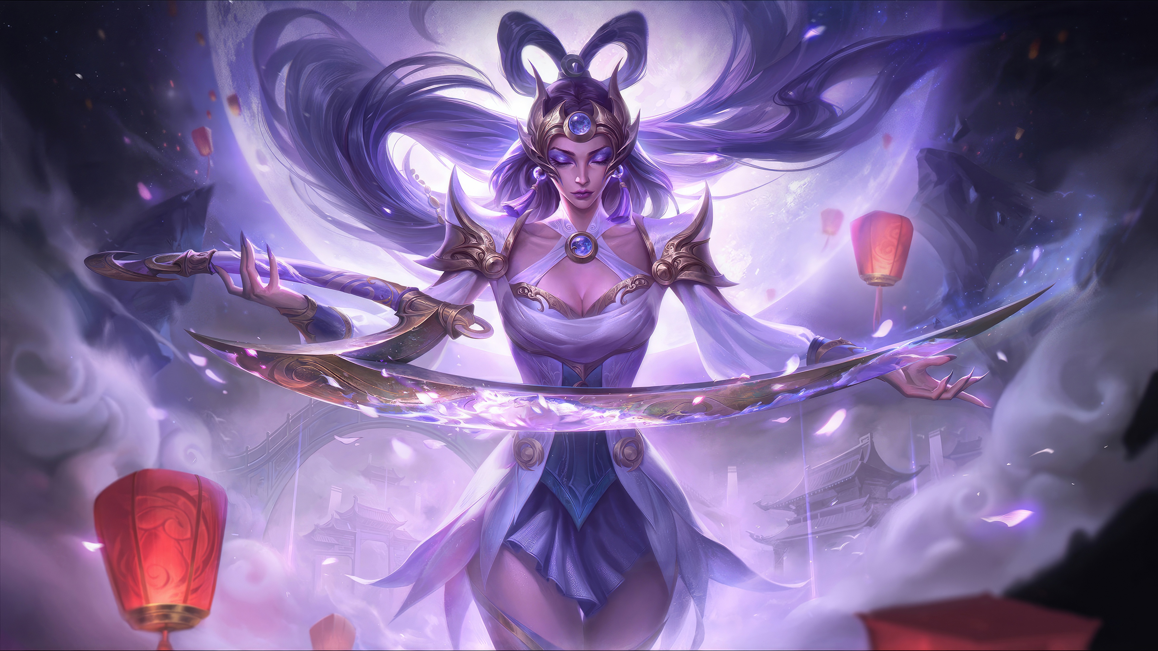 Diana from League of Legends with swords and lanterns HD Wallpaper
