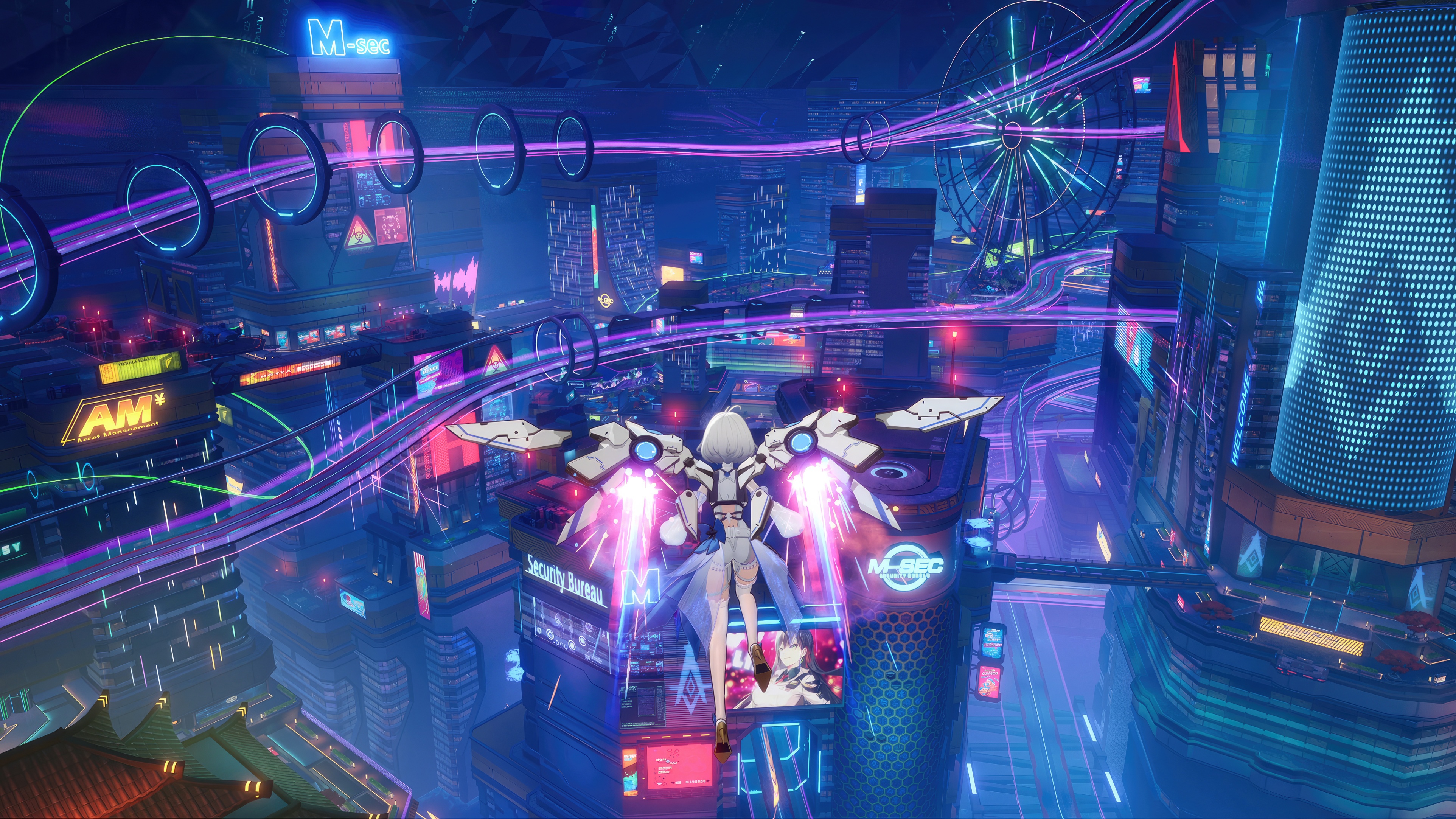Tower of Fantasy character flying over a futuristic city HD Wallpaper