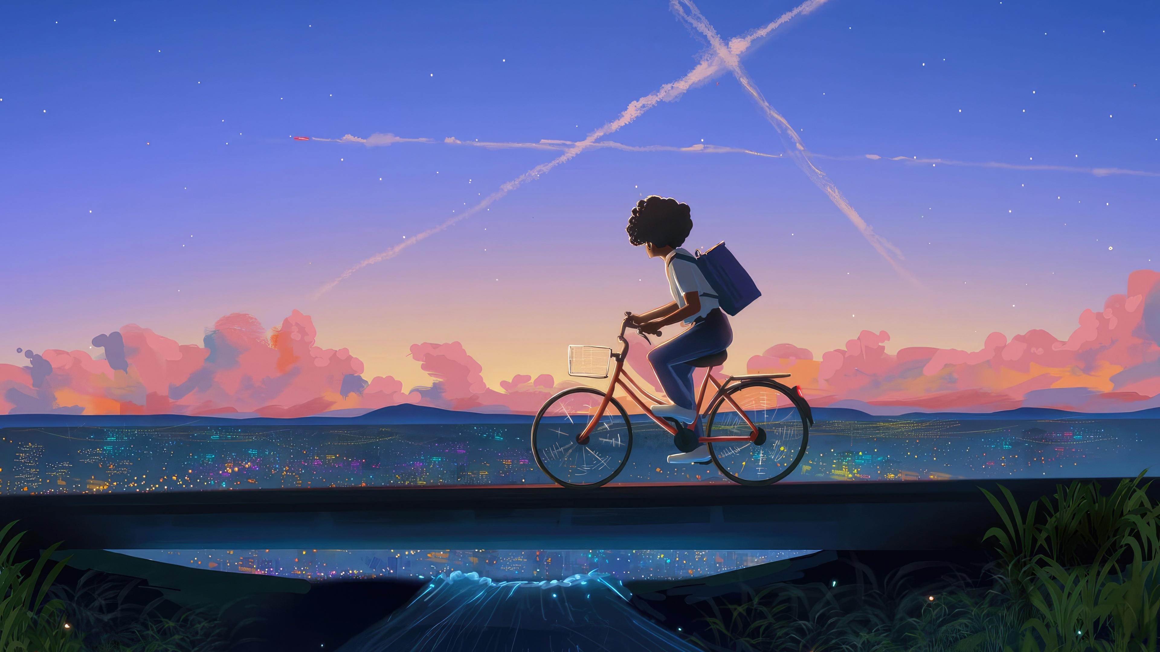 Girl cycling on a bridge at sunset over a city HD Wallpaper