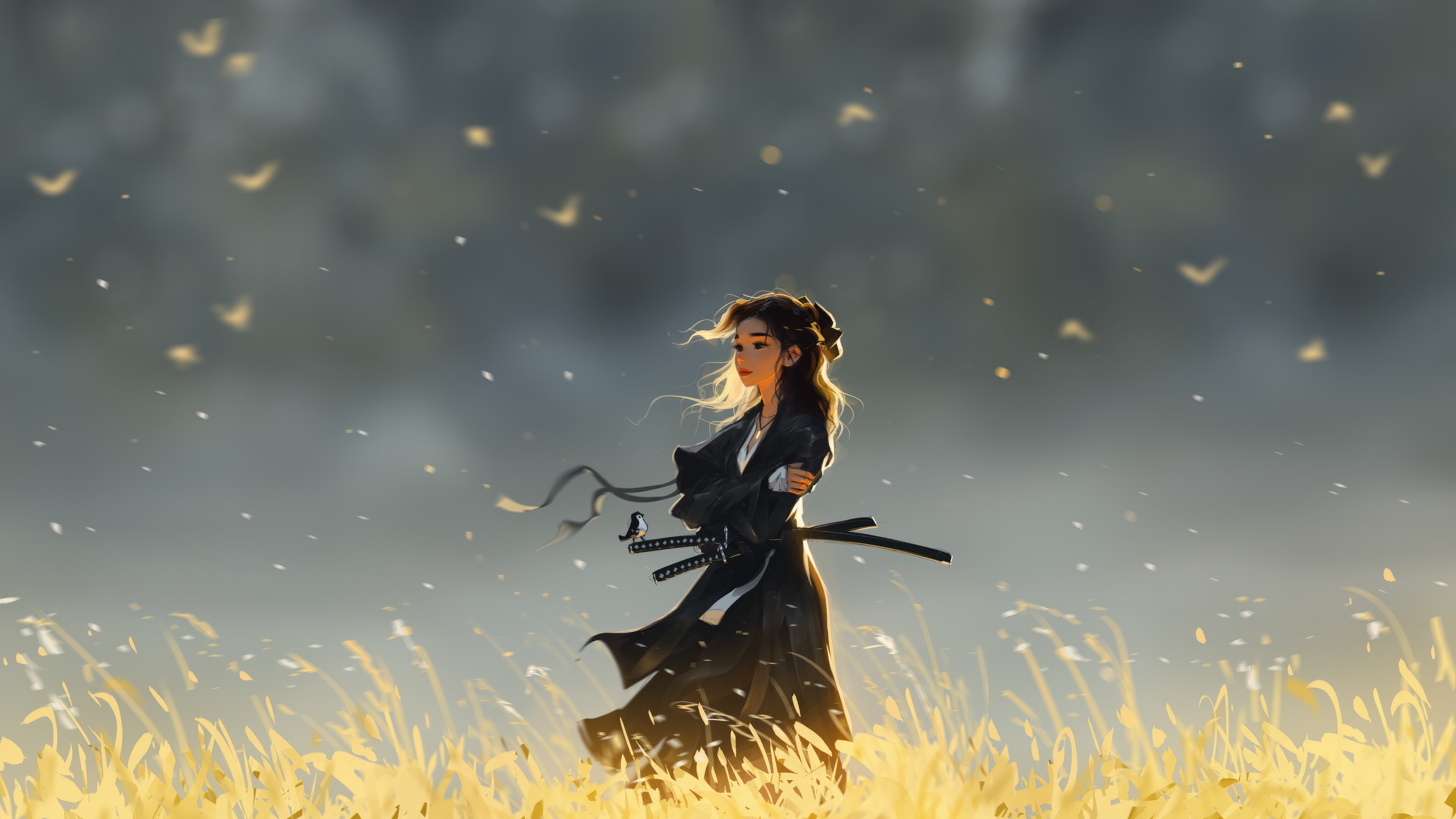 Woman with swords in a field of wheat HD Wallpaper