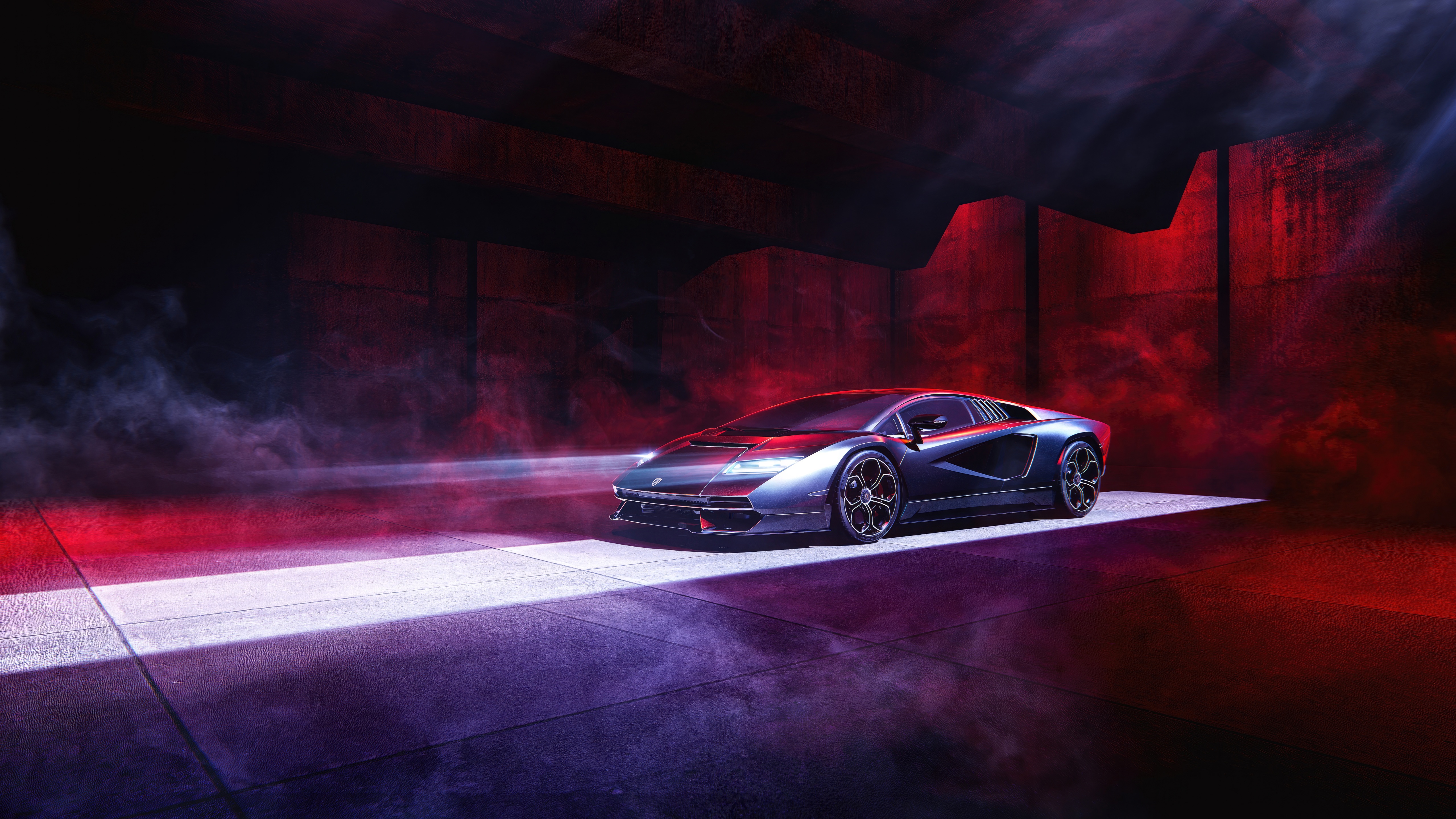 Lamborghini Countach CGI in red and blue lighting HD Wallpaper