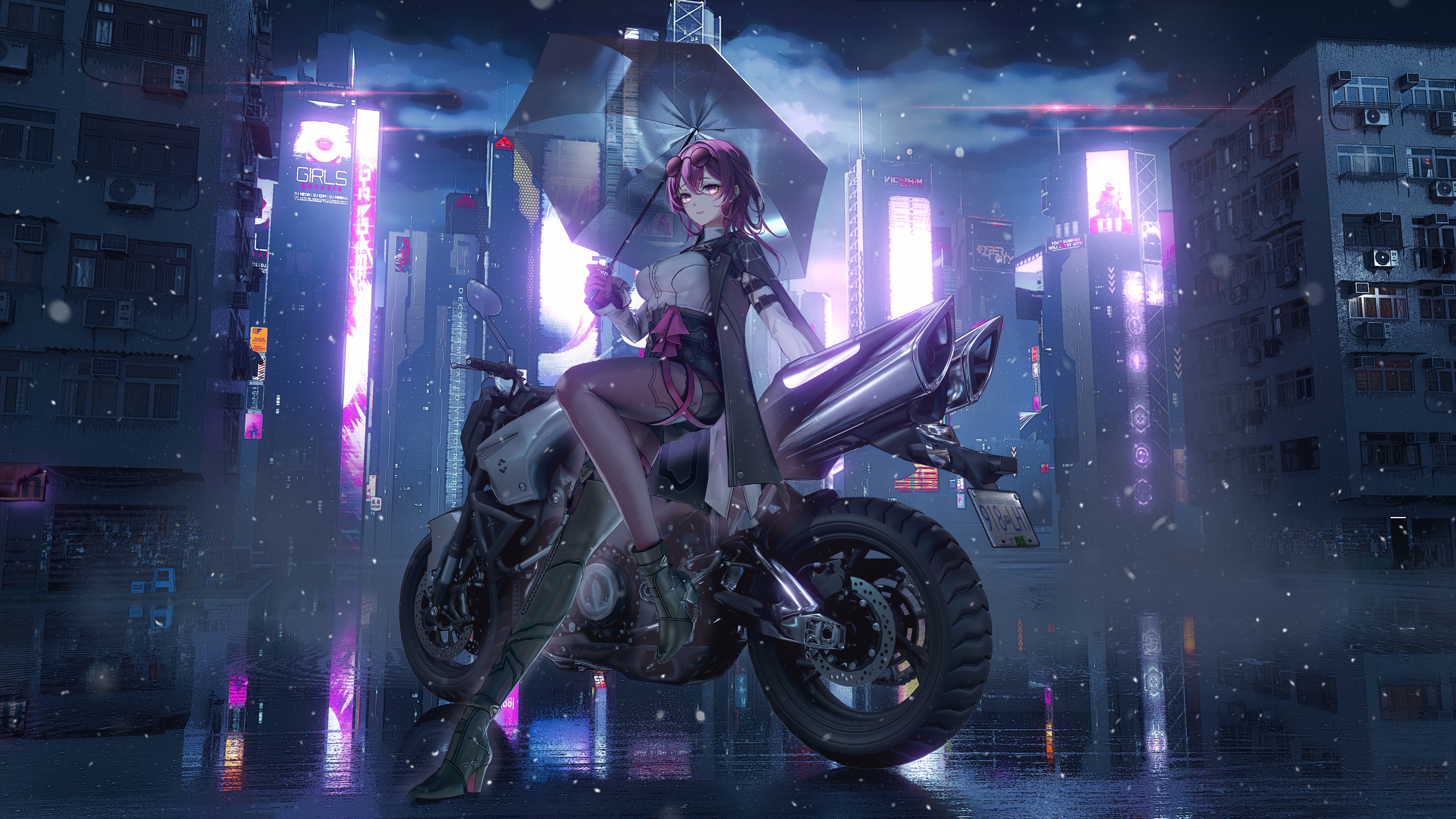 Kafka on a Motorcycle in a Neon City HD Wallpaper