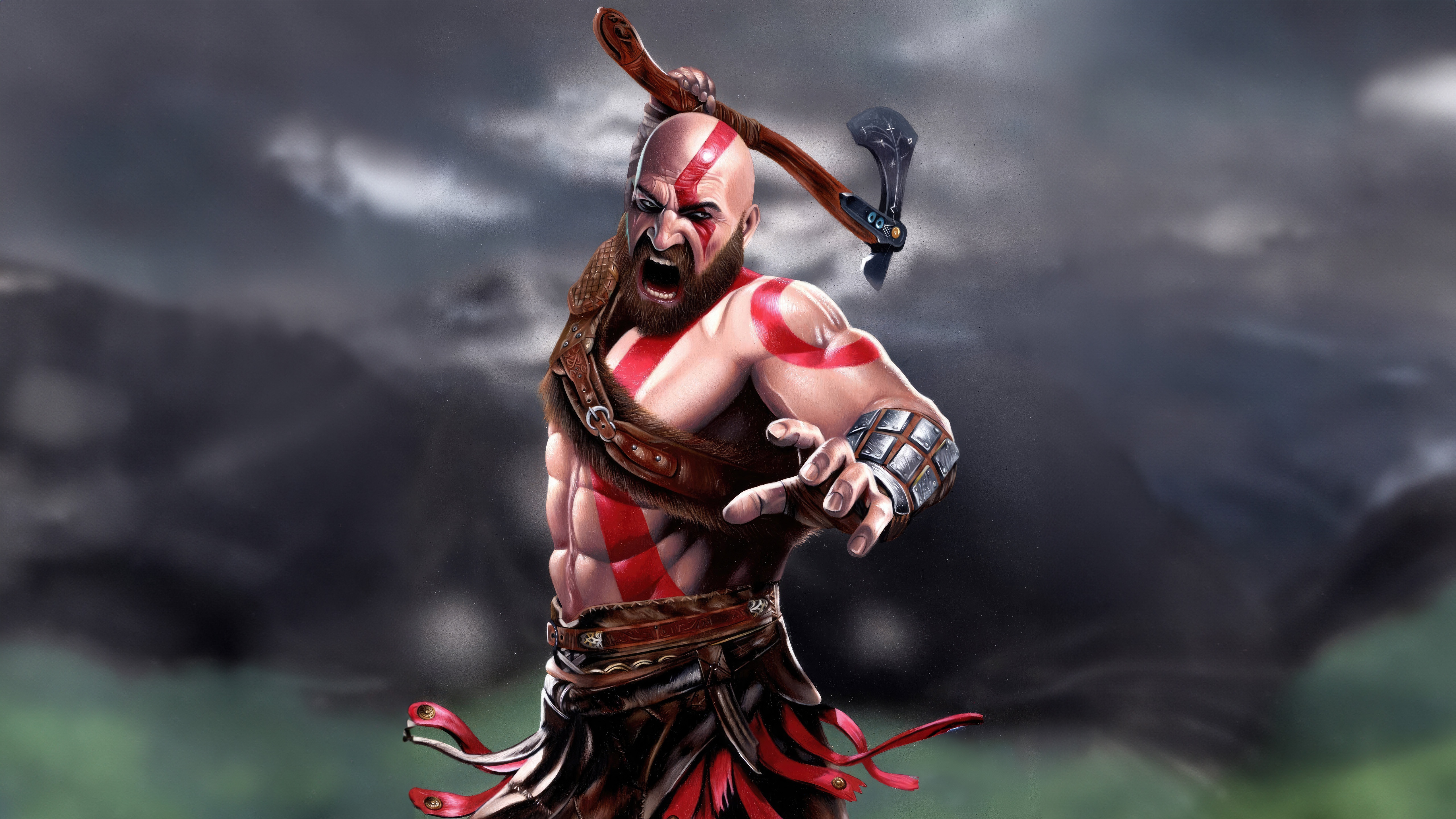 Kratos with an axe in a stormy environment HD Wallpaper
