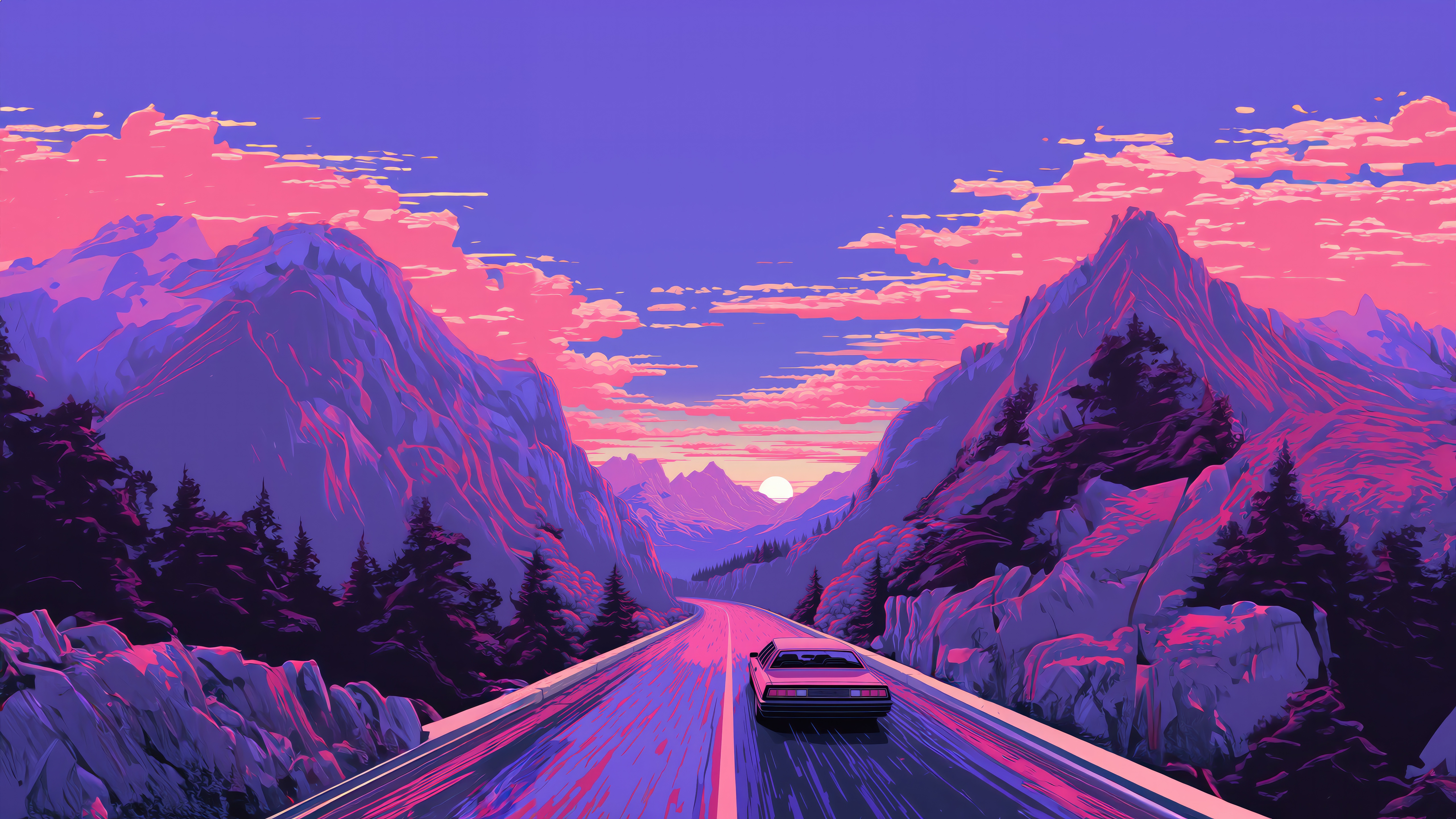 Car Cruising Through Mountains at Sunset HD Wallpaper