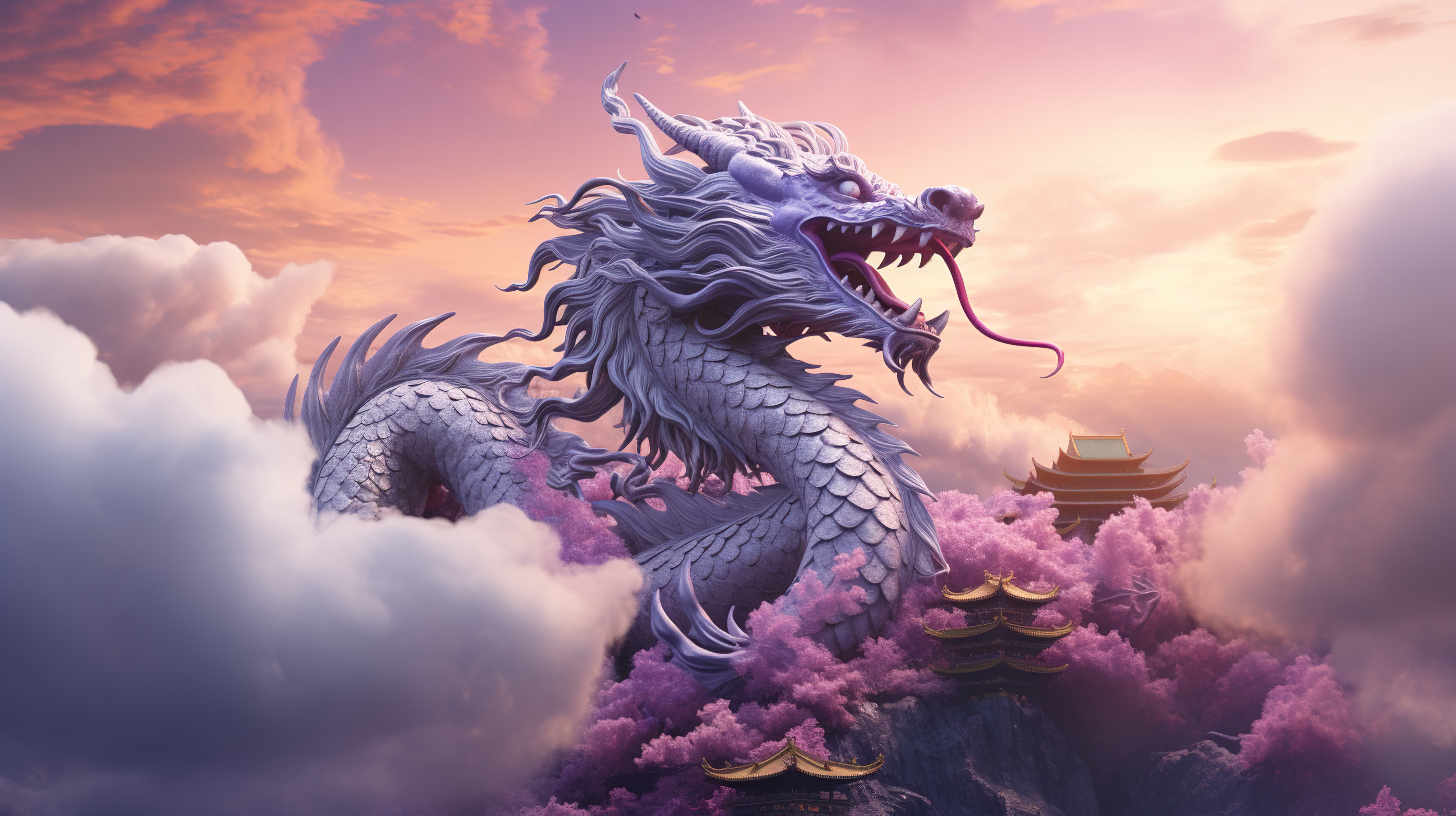 A majestic white dragon emerges from clouds amidst cherry blossoms and pagodas. HD Wallpaper