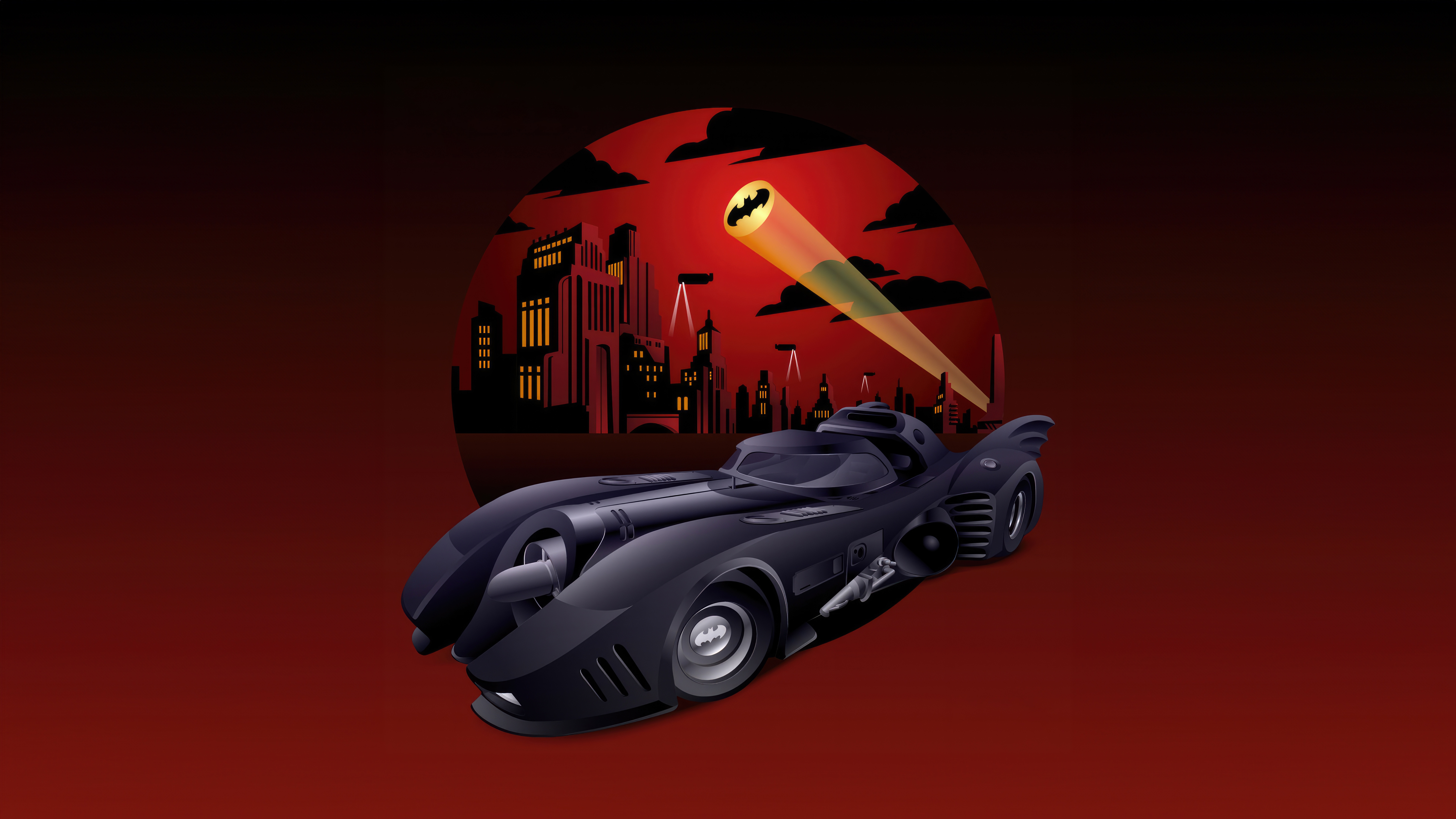 Batmobile in Gotham City with Bat-Signal HD Wallpaper