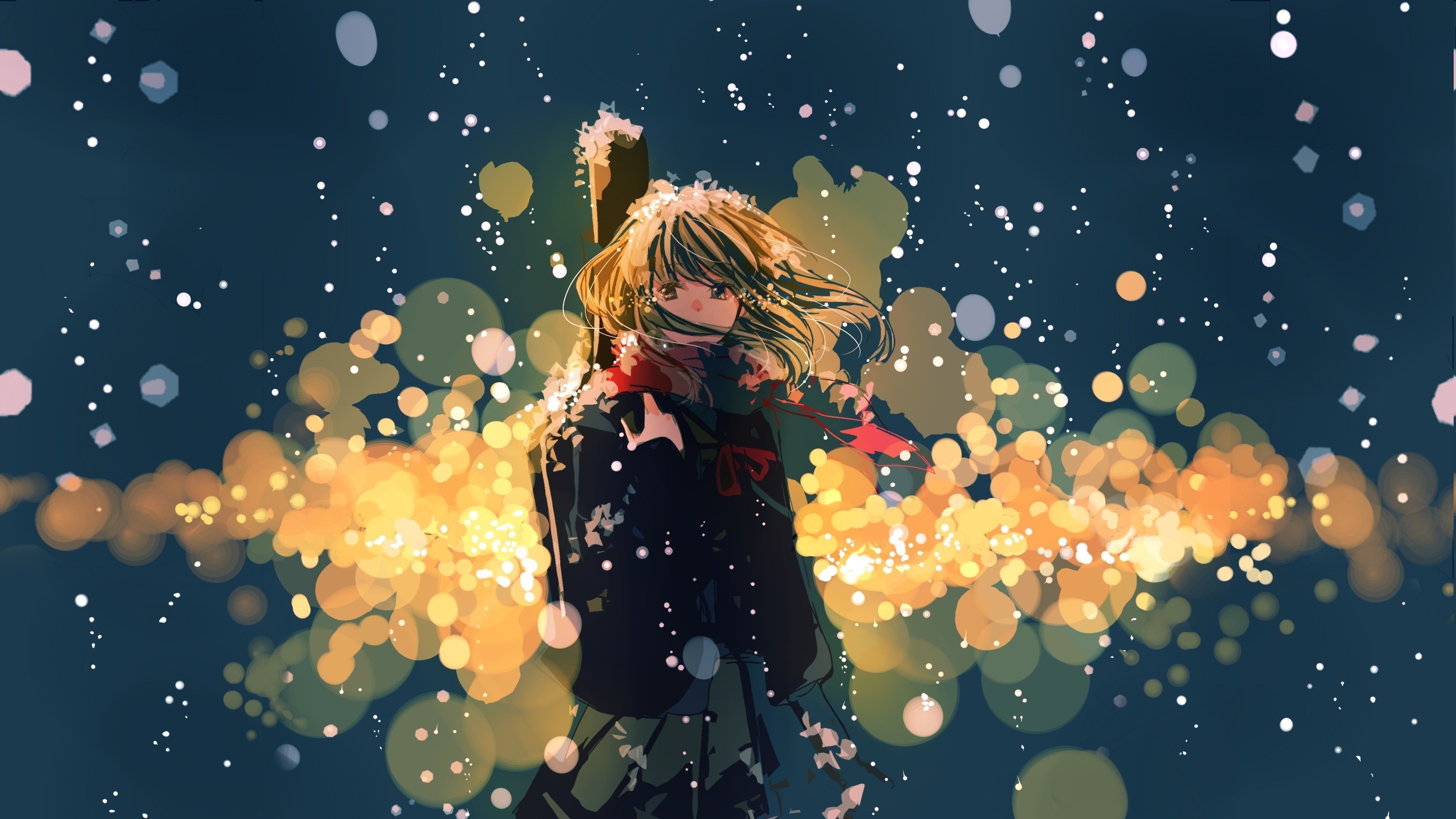 Anime girl with blonde hair in a school uniform in the snow HD Wallpaper