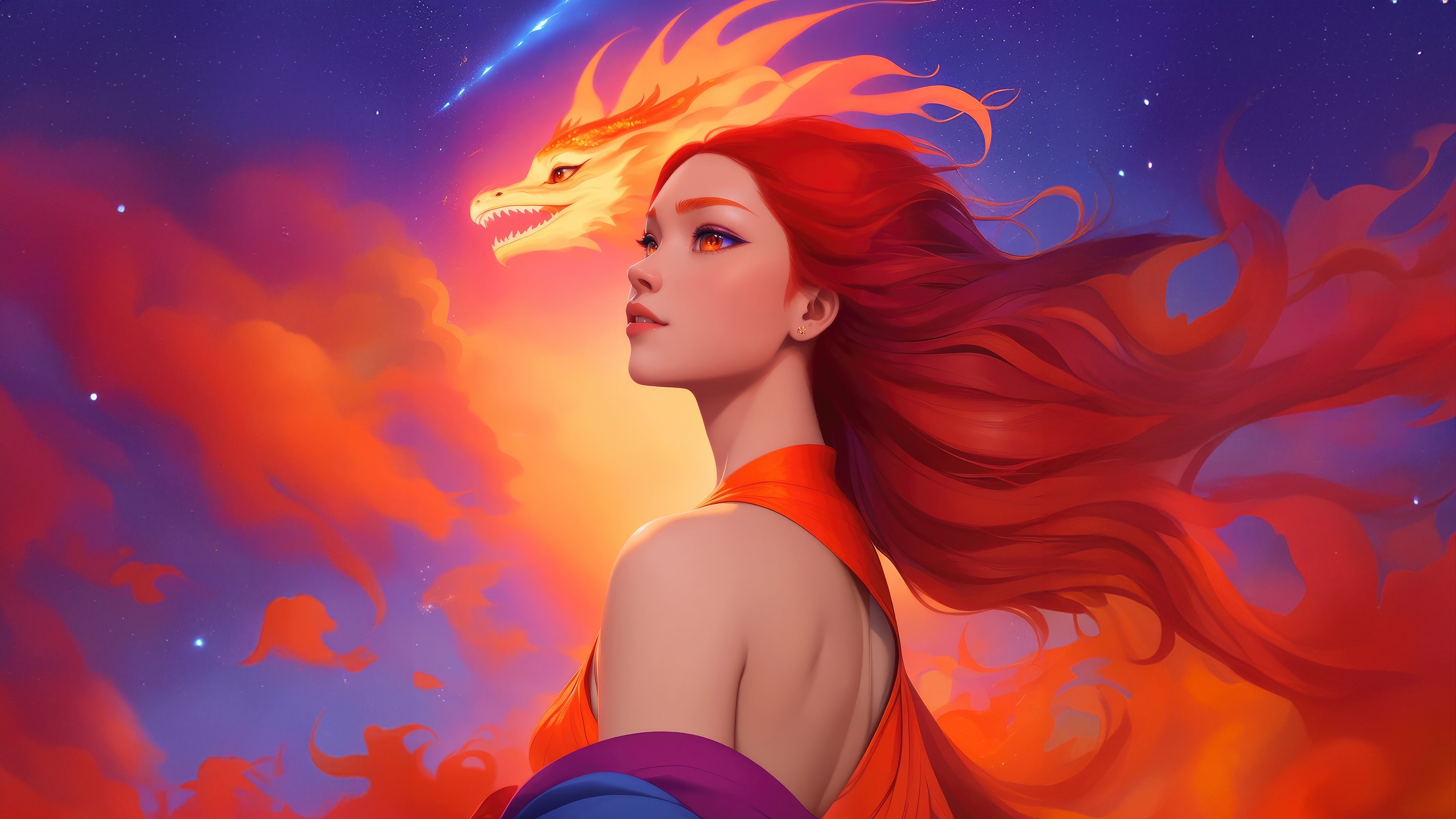 Woman with Red Hair and Dragon in Fiery Sky HD Wallpaper