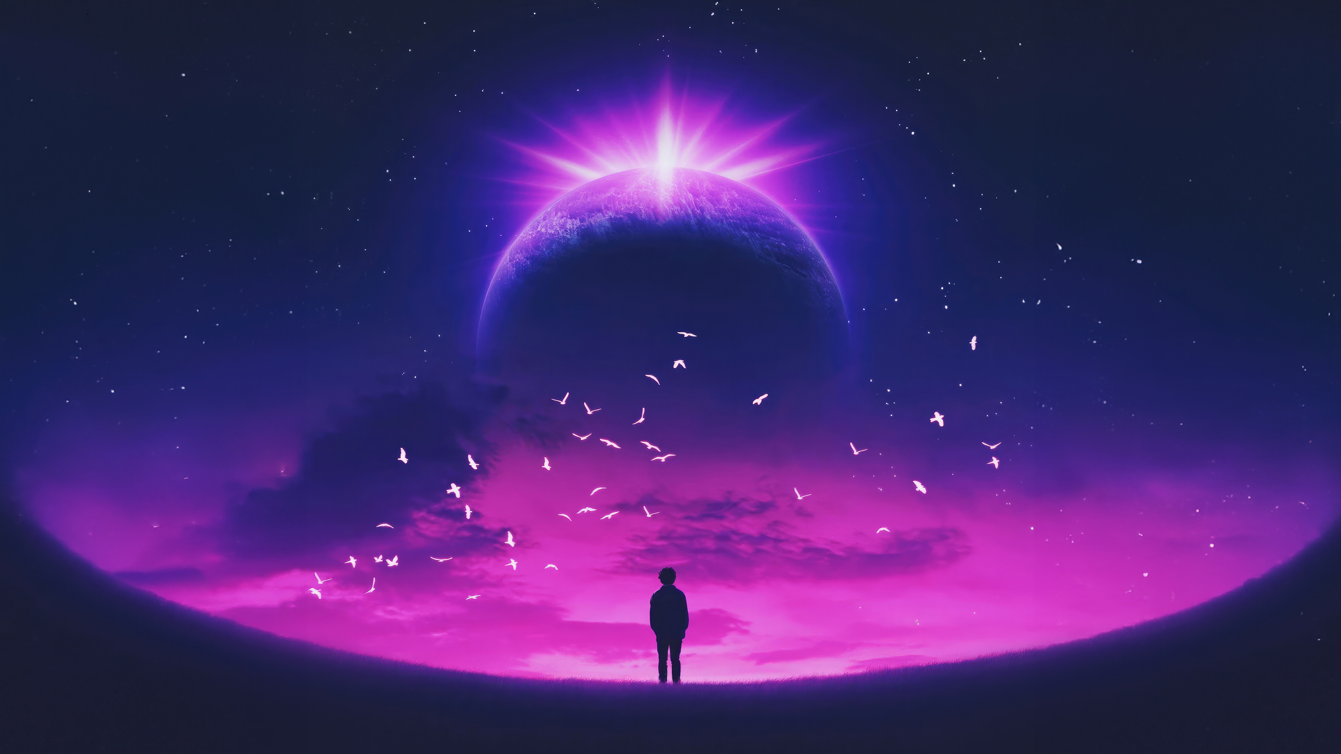 Person watches a glowing planet and birds in the night sky HD Wallpaper