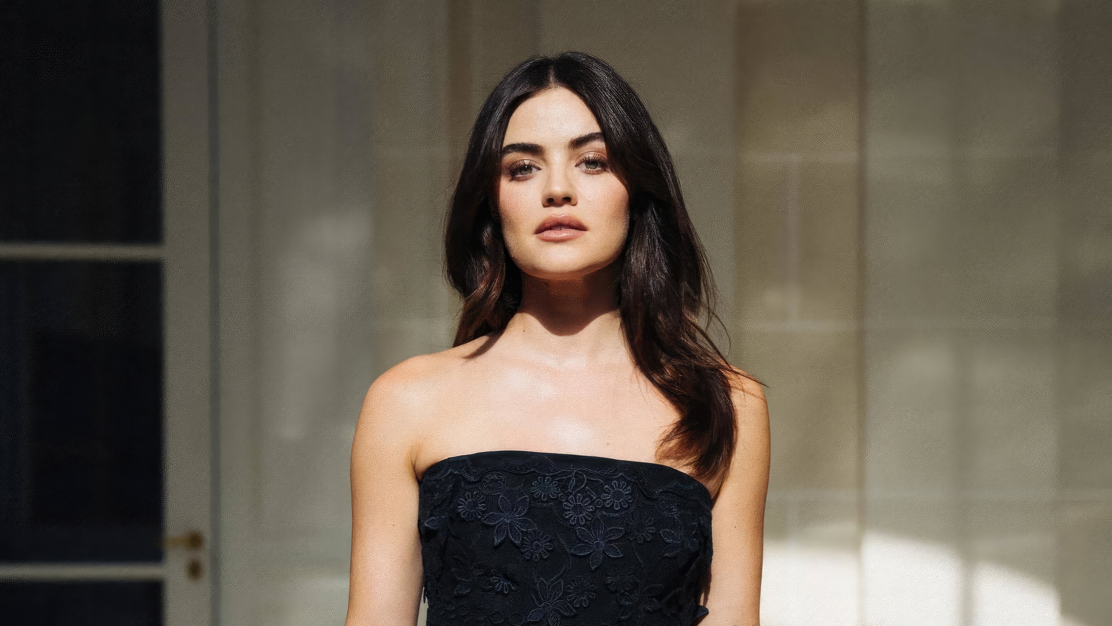 Lucy Hale in a black strapless dress HD Wallpaper
